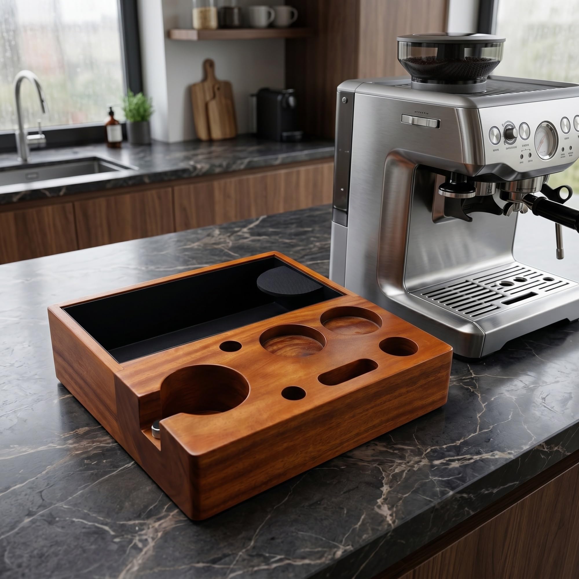 Knock Box - Stazione di pressatura del caffè in legno di noce, design ergonomico con base antiscivolo, scatola di compressione per manici da 51 mm, 53 mm e 58 mm, ideale per casa, ufficio e bar (53 mm