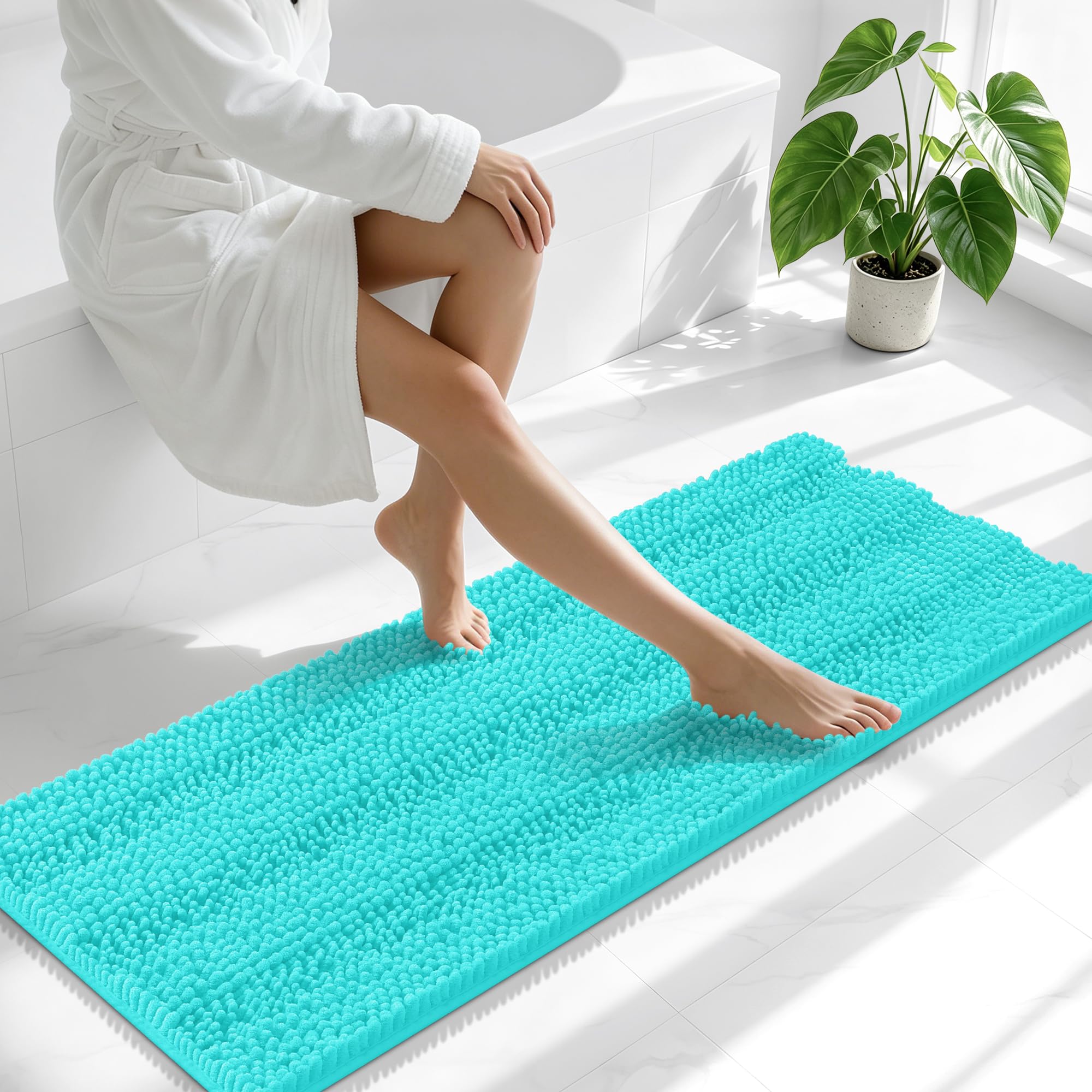 Smiry Thick Chenille Bathroom Runner Rugs 47x17, Absorbent Bath Mat, Teal