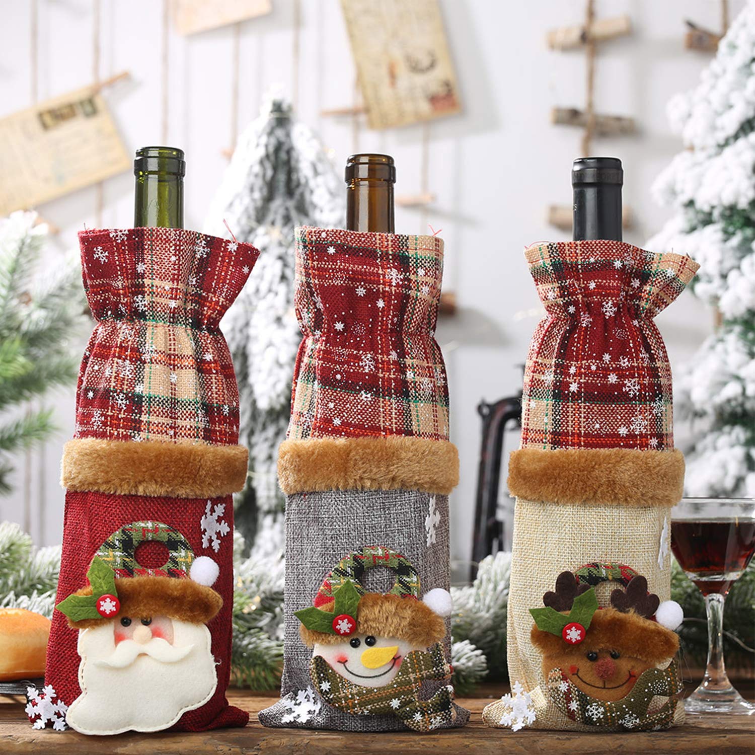 TSLBW 6 Pezzi Sacchetti di Copertura per Bottiglie di Vino Rosso di Natale Babbo Natale Pupazzo di Neve Renna per la Casa Tavolo da Pranzo Sacchetti