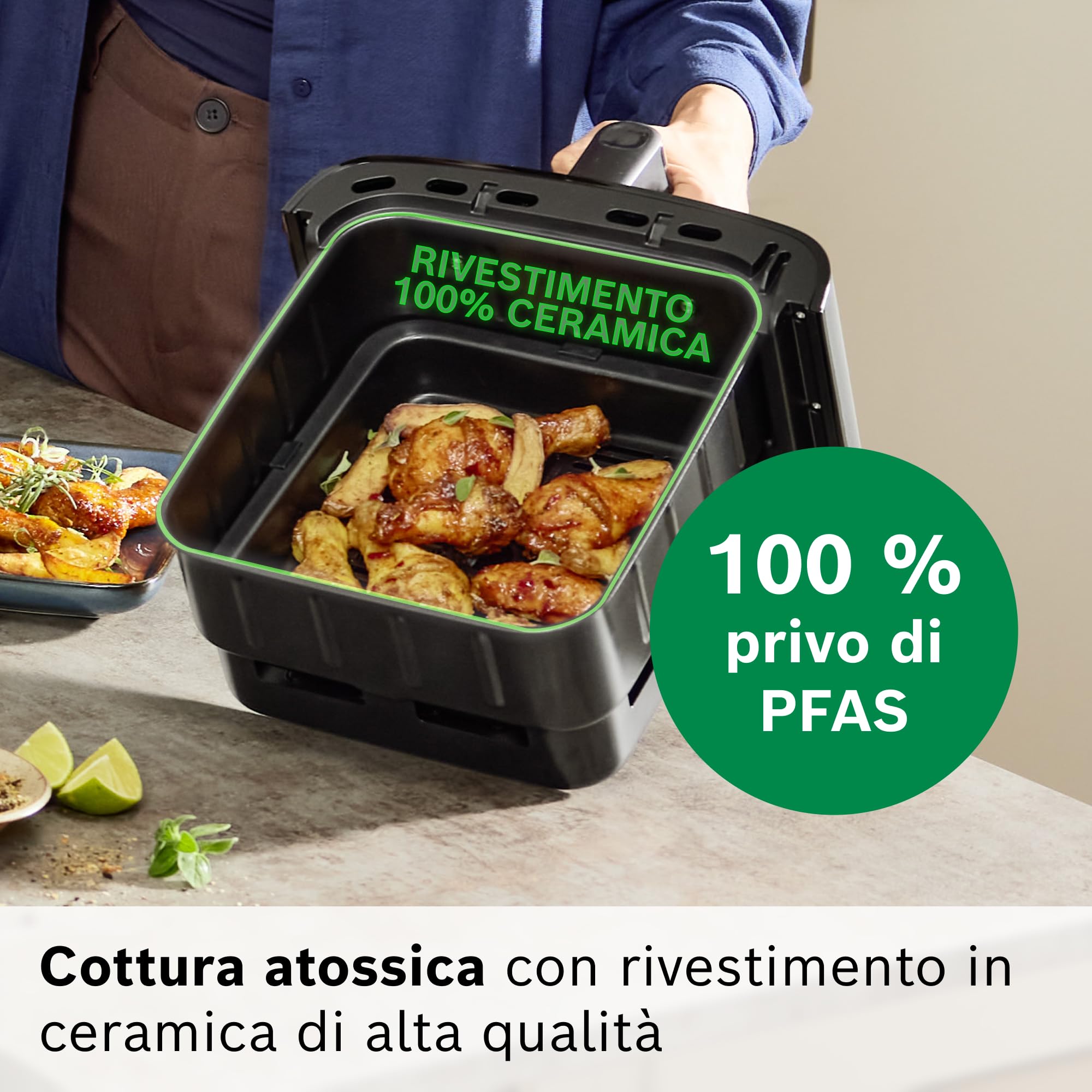 Bosch Friggitrice ad Aria Serie 6, XXL Doppio Cestello 12L, 2 Cestelli da 6L con Funzione SYNC, 6 Programmi Preimpostati, Rivestimento 100% Ceramica Non Tossico, Interno In Metallo, Nero, MAFD661B0