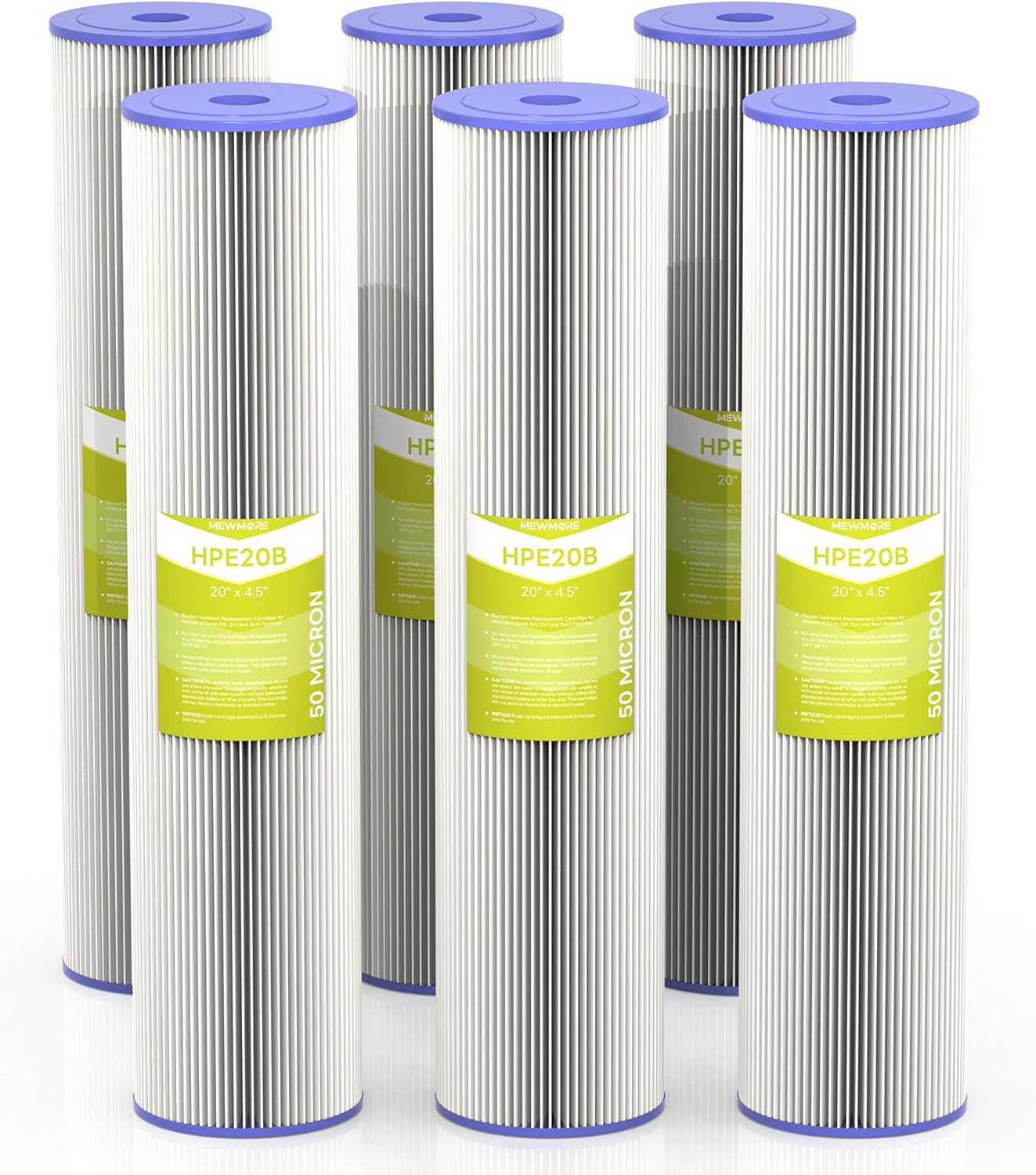 20 Micron Whole House Water Filter Cartridge, Pleated Sediment Filters for Well Water, Universal Replacement for Any 20 inch Big Housings - 20" x 4.5" Cartridges - Pack of 6