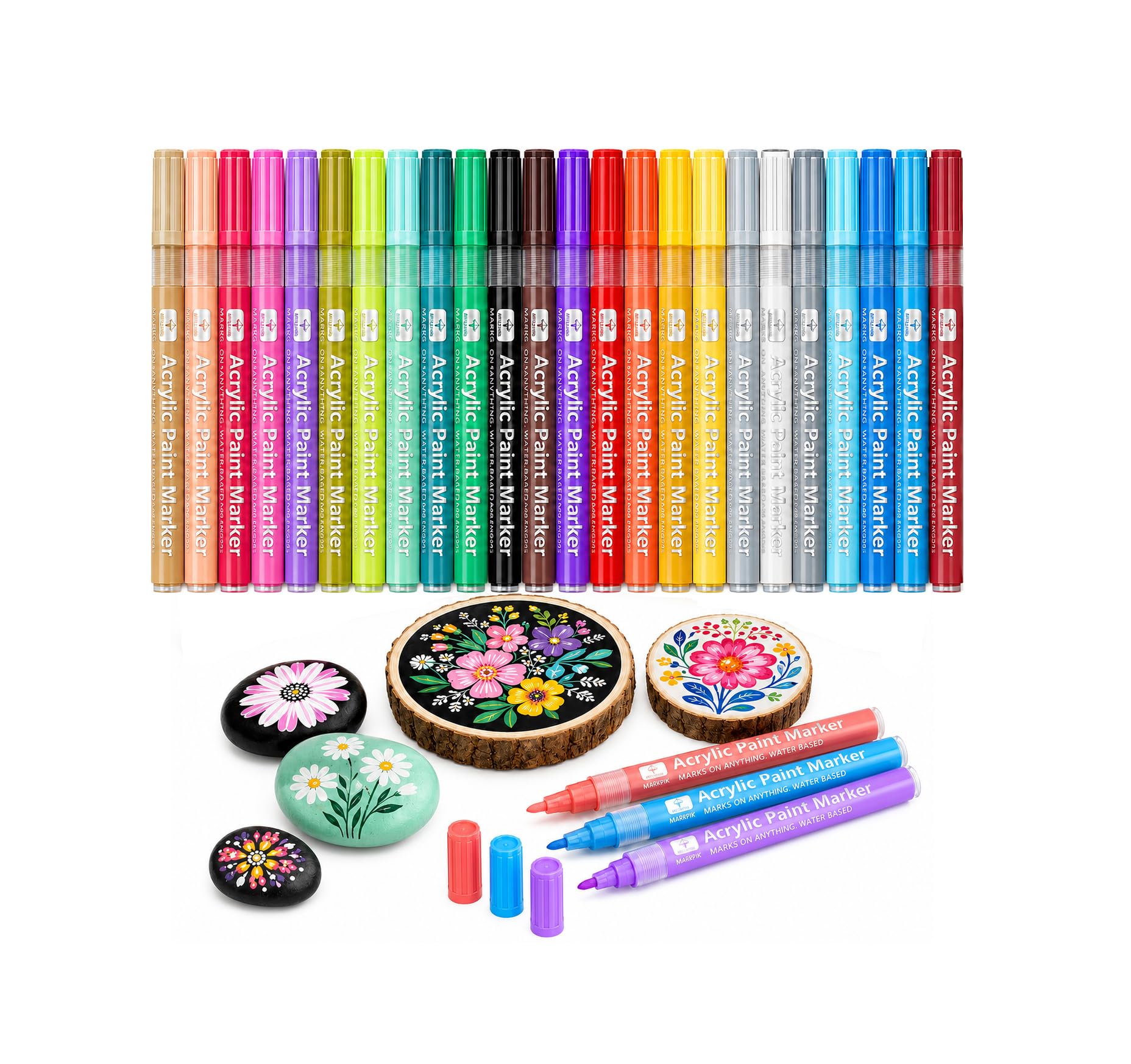 Mitoymia Paint Pens Markers - Acrylic Paint Pens for Rocks Painting Glass Stone Wood Ceramic Craft Supplies, 24 Vibrant Colors Great for Christmas Easter Egg Pumpkin Markers