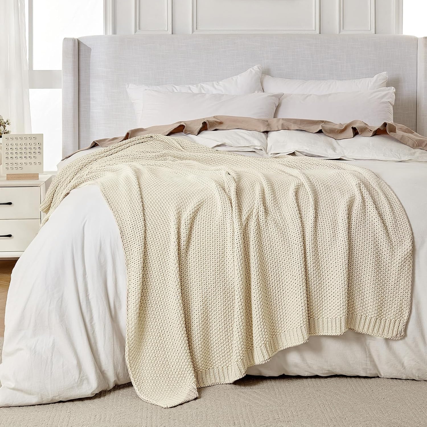 Joydeco Chunky Cable Knit Throw Blanket, Lightweight 100% Cotton Soft Cozy Throw Twin Blanket for Couch Bed and Sofa, Rustic Breathable Farmhouse Blanket Gift for Women Men(Cream White, 51"x63") - Image 3