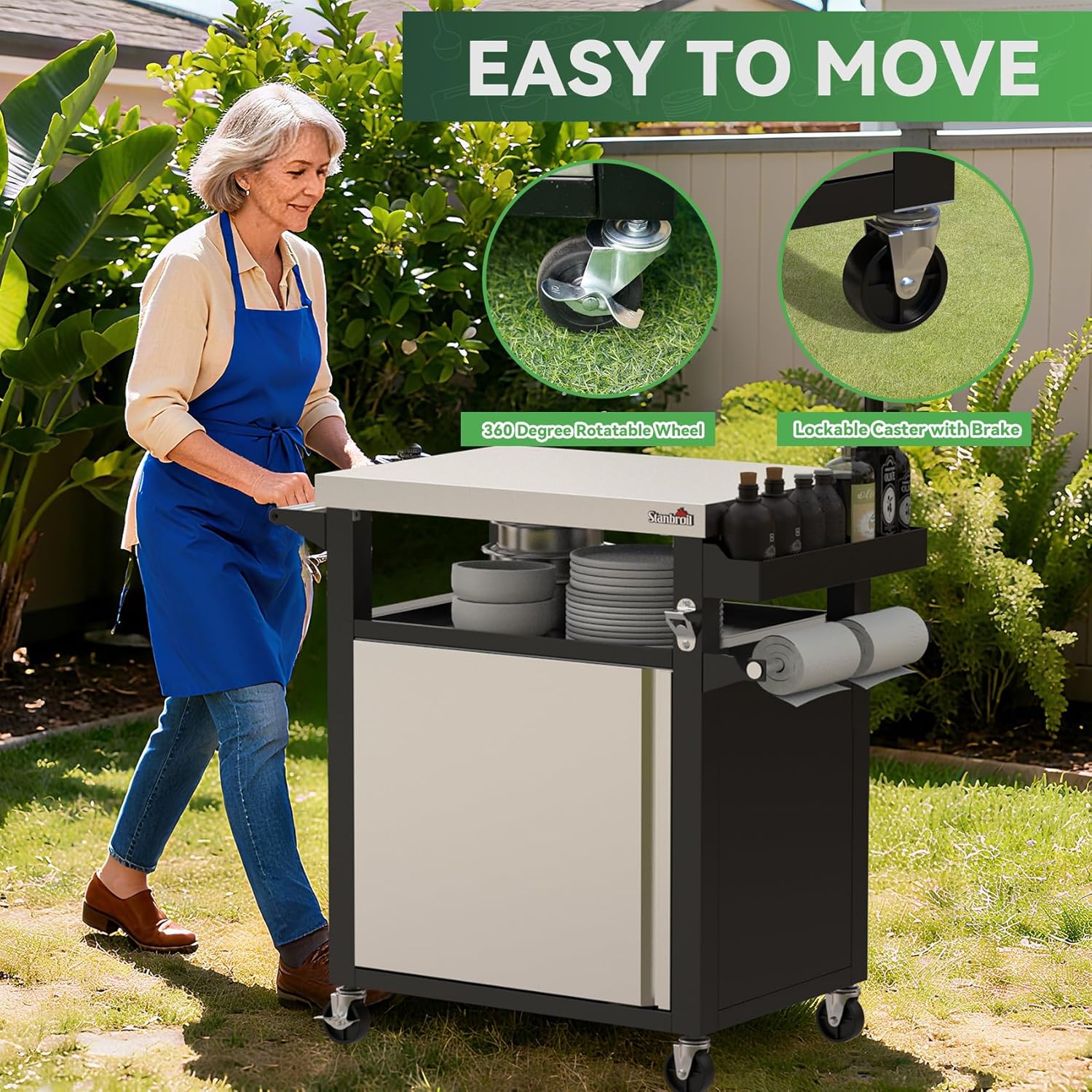 Stanbroil Rolling Grill Table Cart with Storage Cabinet, 3-Shelf Movable Prep Table Outdoor Bar, Multifunctional Grill Cart with Stainless Steel Tabletop, Paper Towel Holder