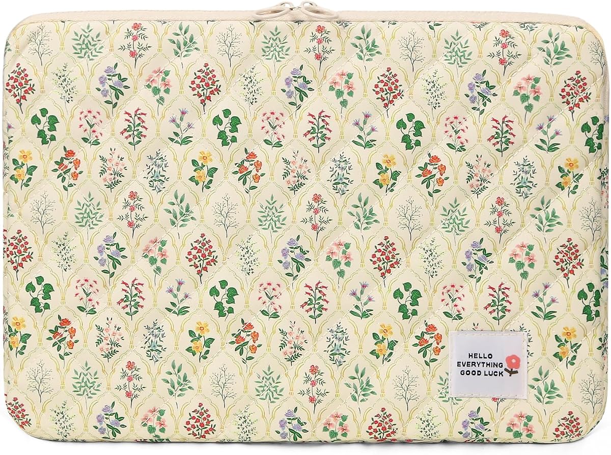 Puffy Laptop Sleeve Case Cute Computer Bag, 14 Inch Flower Printed Quilted Laptop Carrying Cases