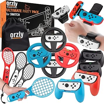 Orzly Party Pack Accessories Bundle Designed for Nintendo Switch and New 2021 OLED Console Games with Controller Grips & Wheels, Wrist Dance Bands, Tennis Rackets - Gift Pack Edition with Carry Sack