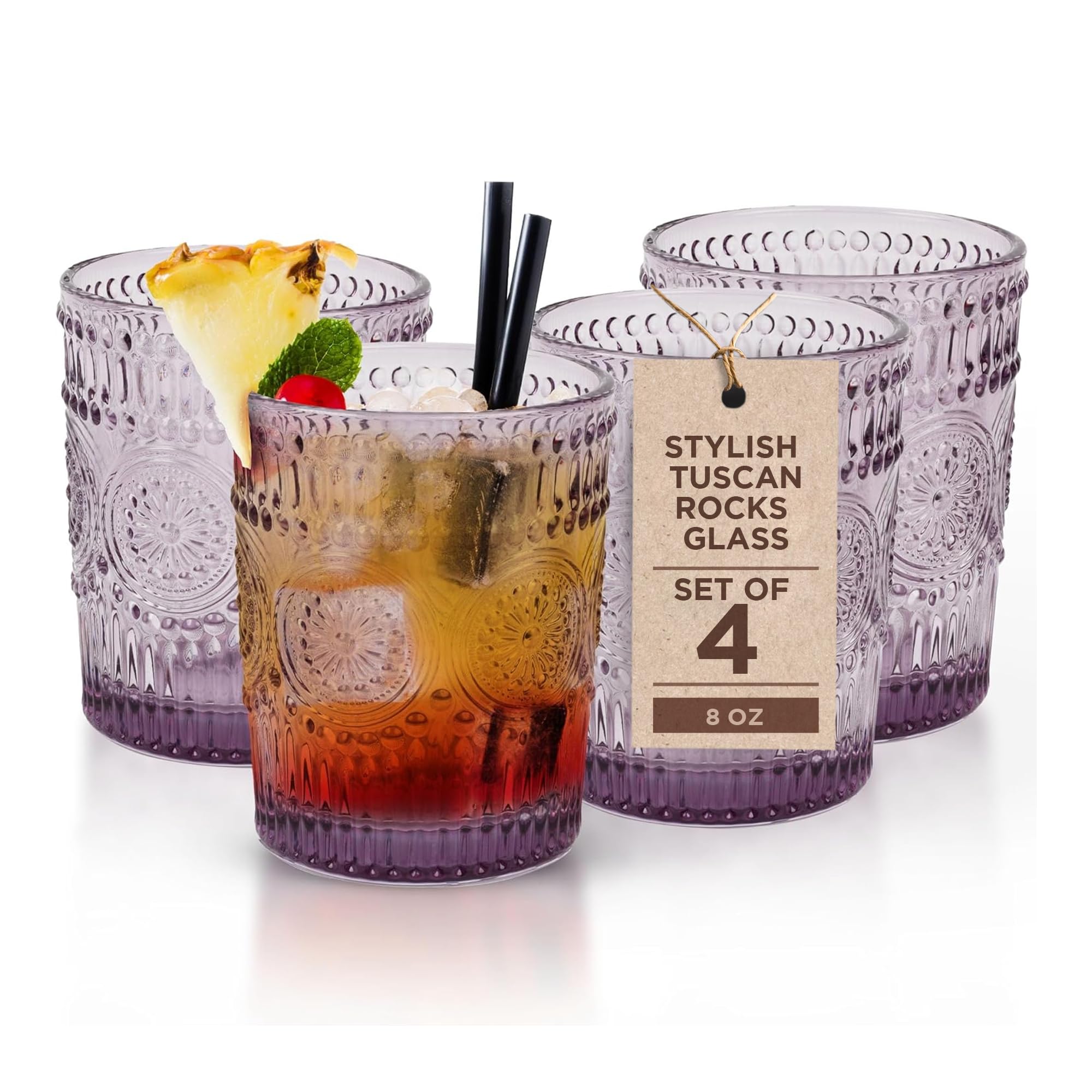 IMPULSE! Tuscan Rocks Glass Set - Purple, Dishwasher Safe, Chic Vintage Style - 8 oz - Ideal for Gin, Mixed Cocktails, Bourbon, Margaritas, Soft Drinks, Beer, Water - Mexican Style Glasses - Set of 4