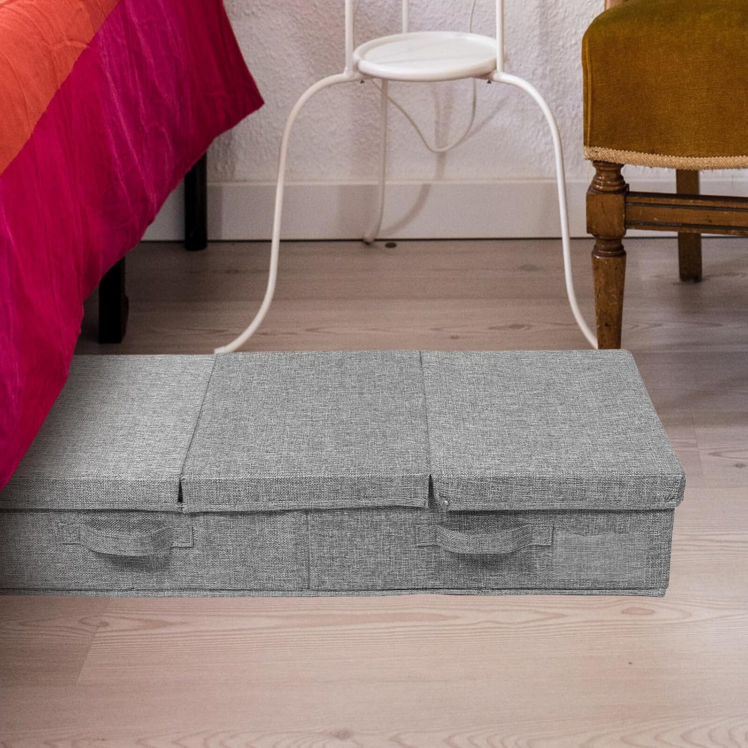 FAVOMOTO Bed Storage Box with Lid Large Foldable Clothes Organizer Bag Grey Fabric Storage Bin for Blankets Quilts