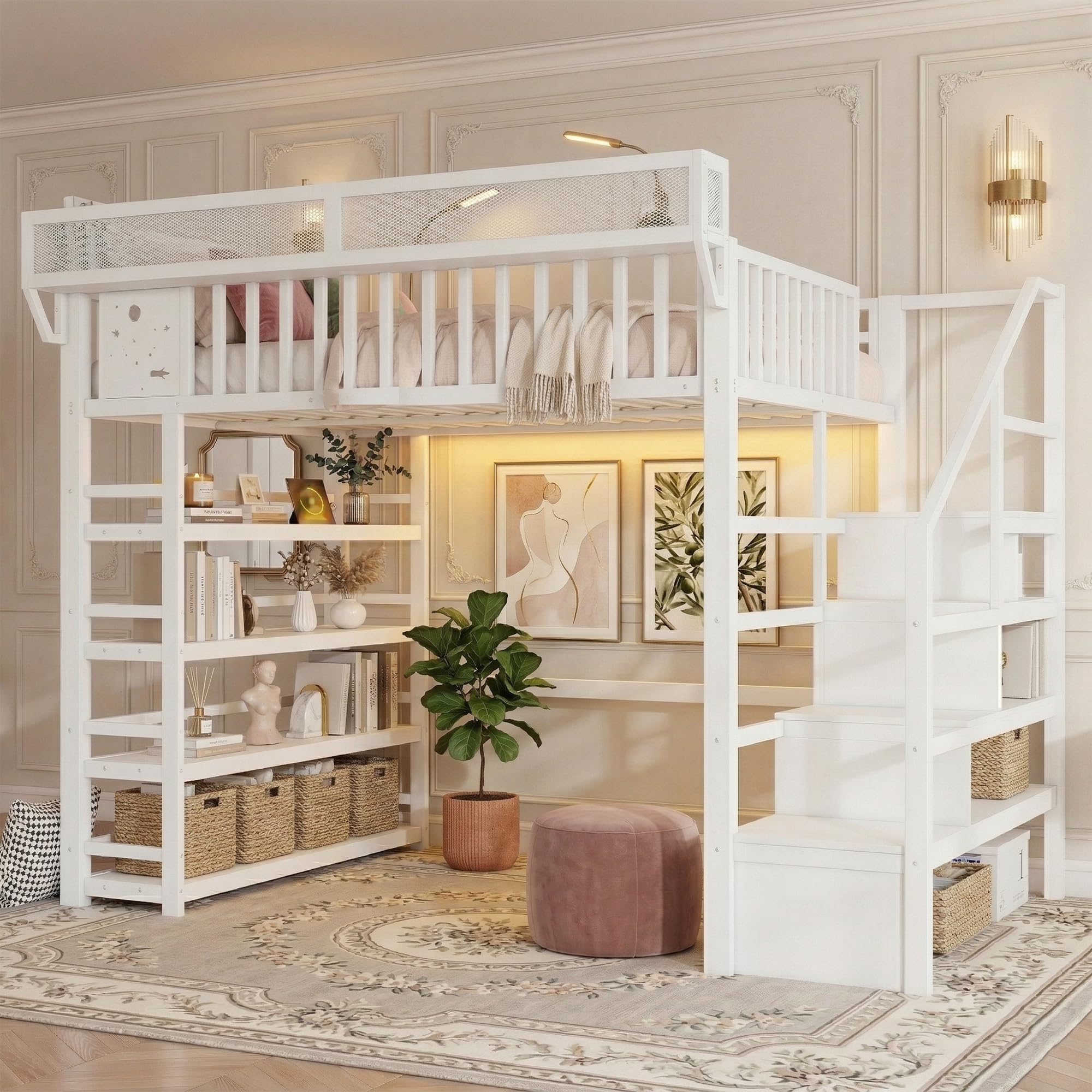 full size loft bed with stairs & storage, metal loft bed full with 4 storage rack, guardrail,charging station & led lights for adults kids teens, tall lofts with under bed space for room, white( incomplete two boxes only)