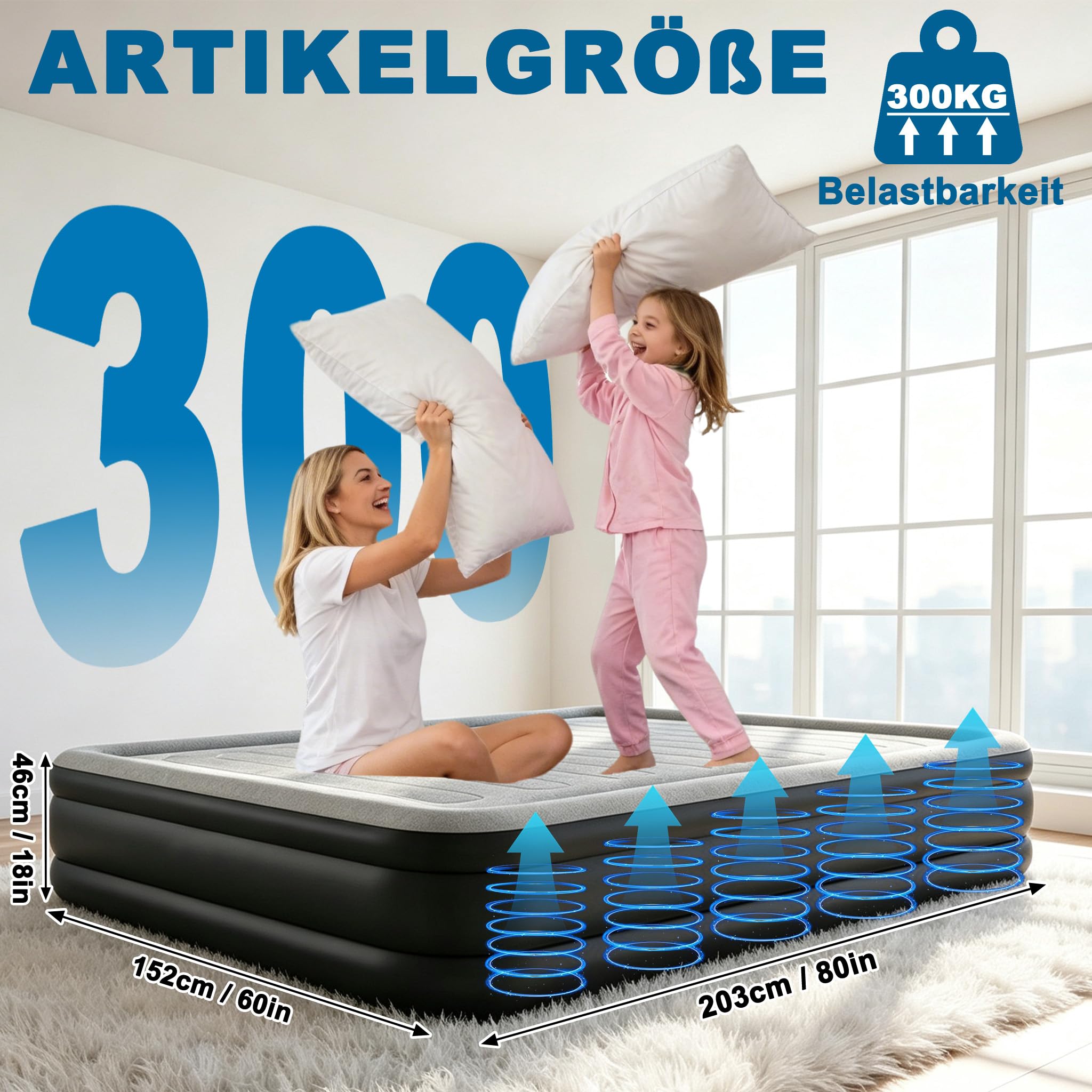 XMTECH Luftbett 2 Personen Luftmatratze Selbstaufblasend mit Integrierter Elektrischer Pumpe, Aufblasbare Matratze für Camping & Gästebett, 195 cm x 152 cm x 46 cm