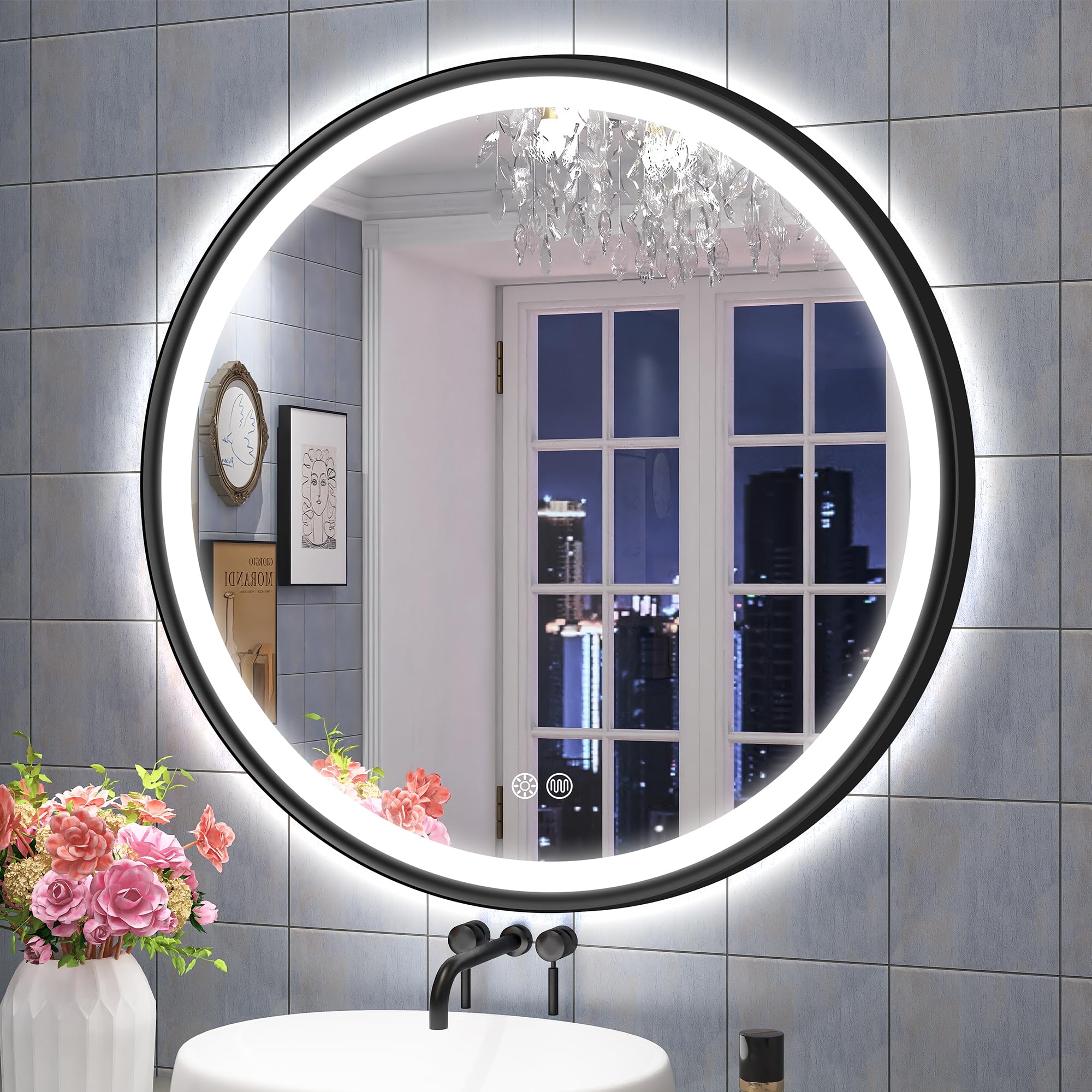 S'bagno Espejo Baño con Luz Redondo 800 mm, Espejos de Baño con Led con Marco de Aluminio, Anti-Vaho, 3000-6500K, Vidrio Templado HD, IP44 Espejo Led Baño Función de Memoria, Negro
