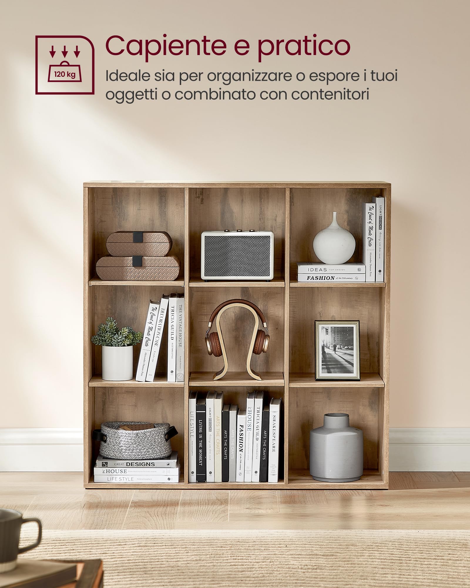 VASAGLE Libreria a 9 Cubi, Scaffale Espositore per Decorazioni, Souvenir, Piante, per Studio, Ufficio, Soggiorno, 30 x 97,7 x 97,5 cm, Marrone Cammello LBC177K01