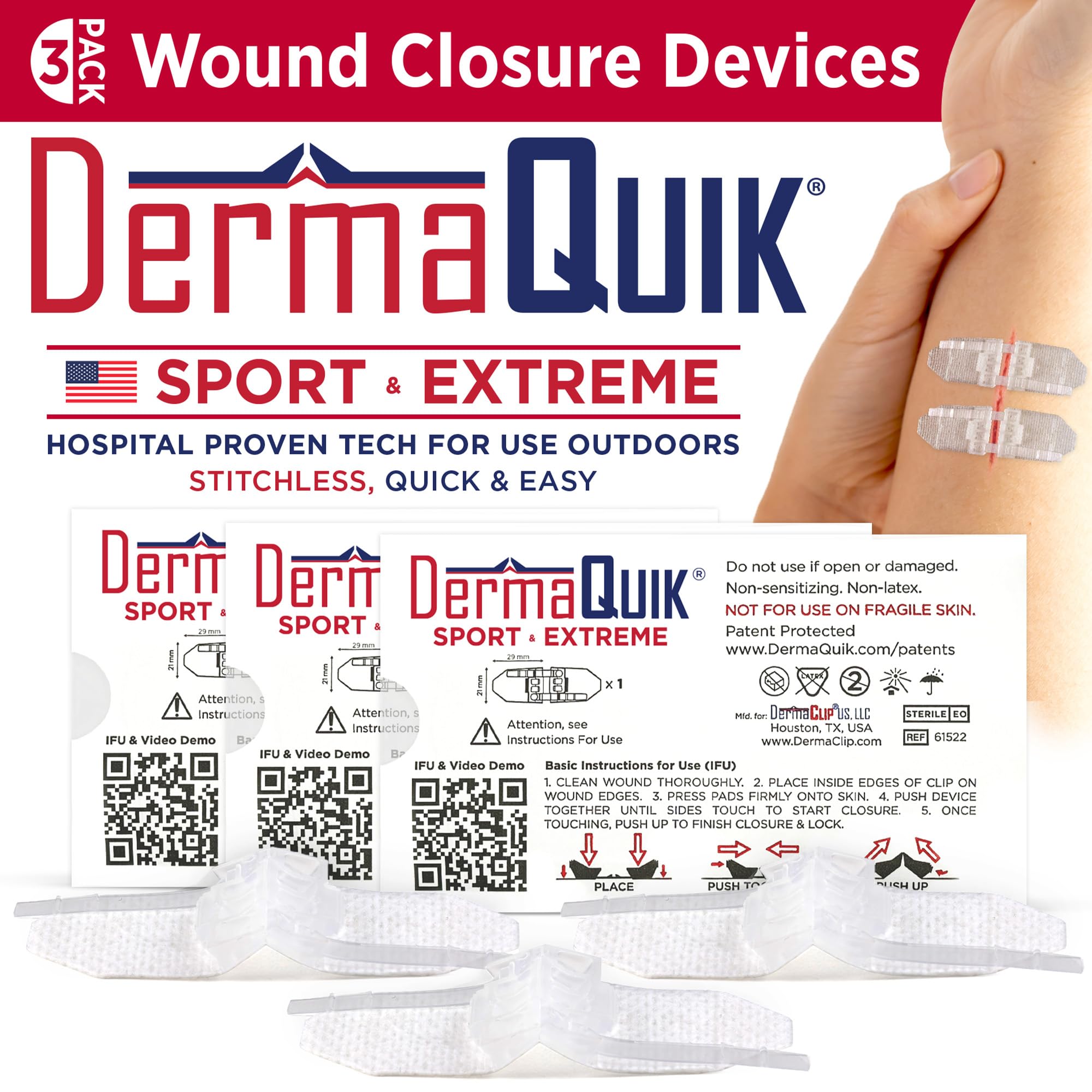 DermaQuik Extreme Wound Closure Strips - 3 Pack Patented Laceration Strips, Upgrade from Butterfly Bandages for Skin Closure, Breathable, Zip
