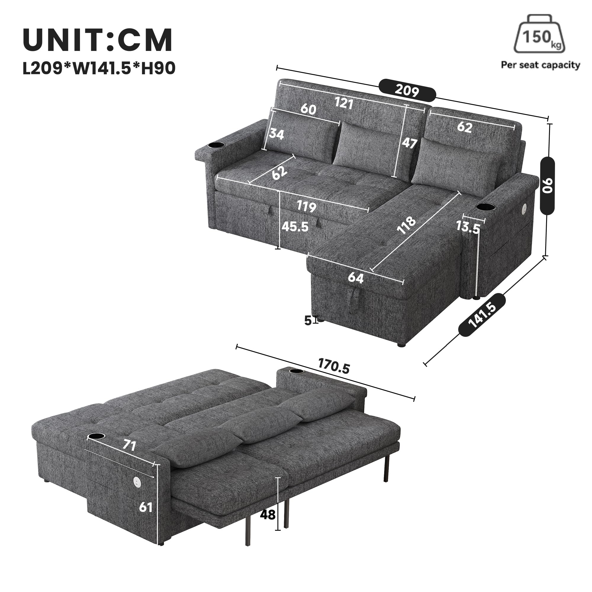 Bladez Sofá esquinero en forma de L con función de dormir, sofá cama con LED y conexiones USB, respaldo ajustable, soporte para bebidas, sofá esquinero de 3 plazas con espacio de almacenamiento