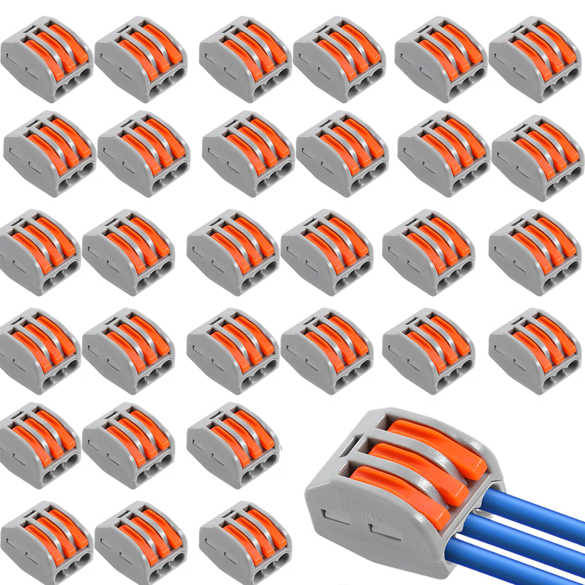 30pcs Wire Connectors, Electrical Connector Blocks, 3 Way Compact Cable Terminals Clips Terminal Block Quick Spring