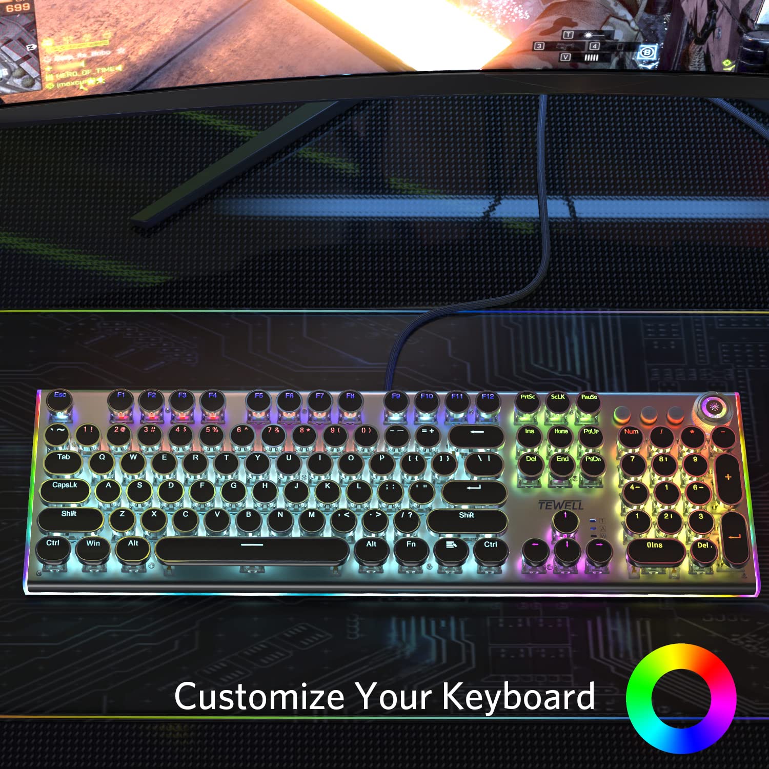 Full view of the TEWELL T-K82 keyboard with a color customization icon