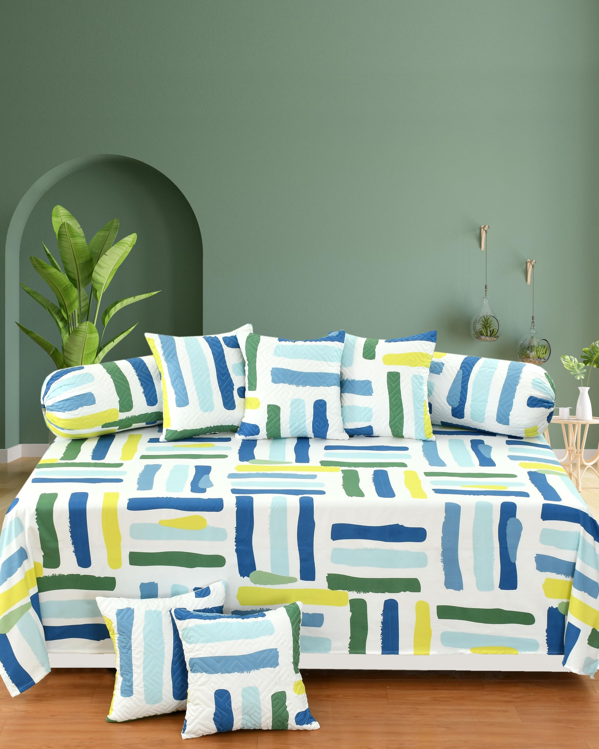 Premium Cotton Feel Quilted Diwan Cover Set with 8 Pieces, 1 Single Bed Sheet with 5 Quilted Cushion Covers and 2 Quilted Bolster Covers (Quilted diwan Cover Size 90x60 Inches) (Multi Box)-image-31