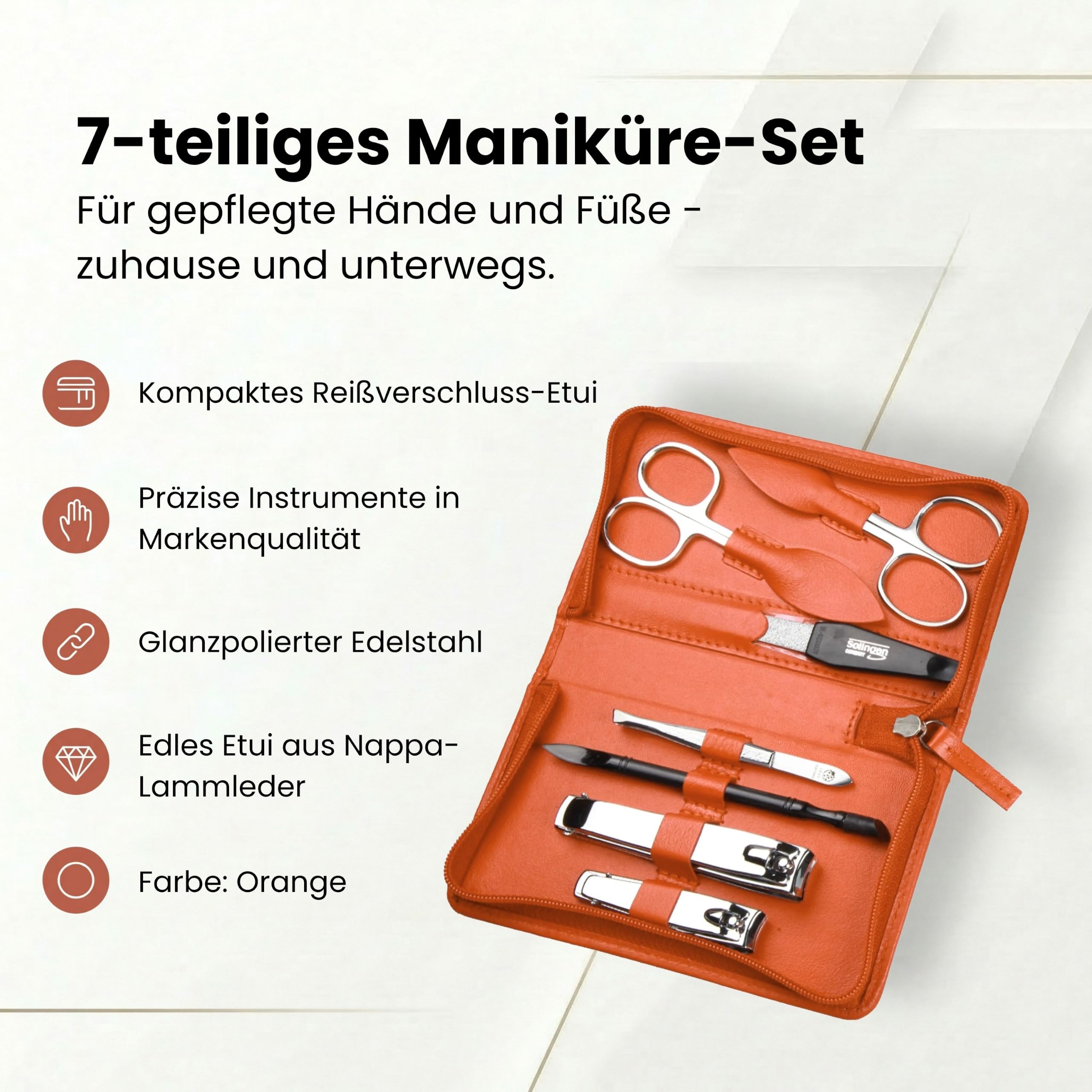 Hans Kniebes Maniküre Set 7-teilig Orange – Profi Nagelpflege & Pediküre Set für Damen & Herren – Edelstahl Nagelschere, Nagelknipser & Pinzette – Echtes Nappa Leder Etui – Reise Manikürset