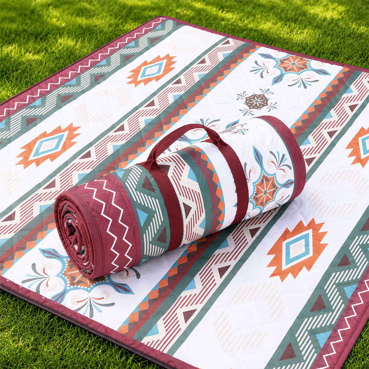Coperta da picnic impermeabile, 200 x 200 cm, senza sabbia e lavabile, imbottita e portatile, grande per spiaggia, barbecue, escursioni, campeggio, coperta da picnic (Boho)
