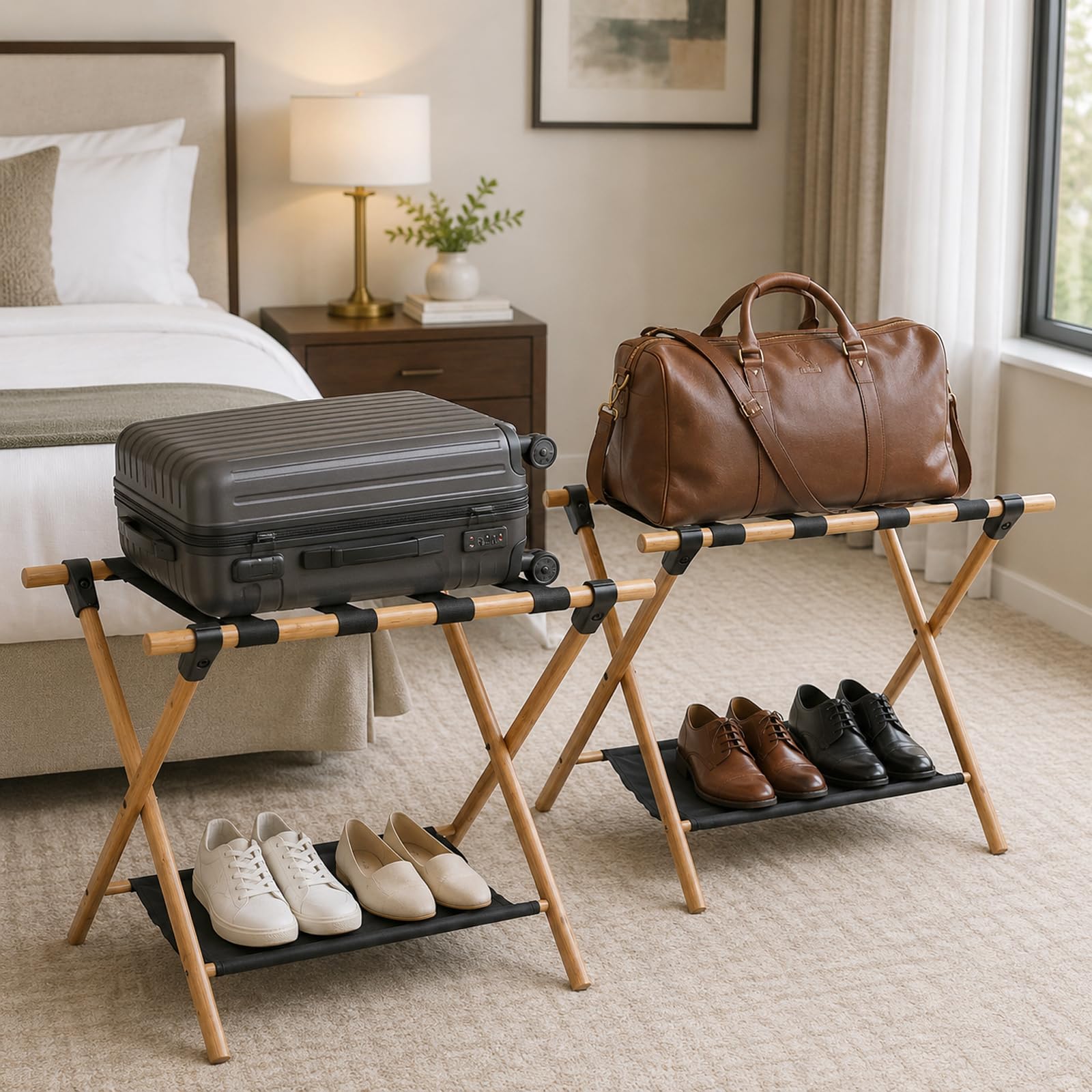 Portaequipajes, 2 unidades, portaequipajes portátil de madera para maleta, portaequipajes de doble cubierta que incluyen estante de almacenamiento y portaequipajes para uso familiar en hoteles