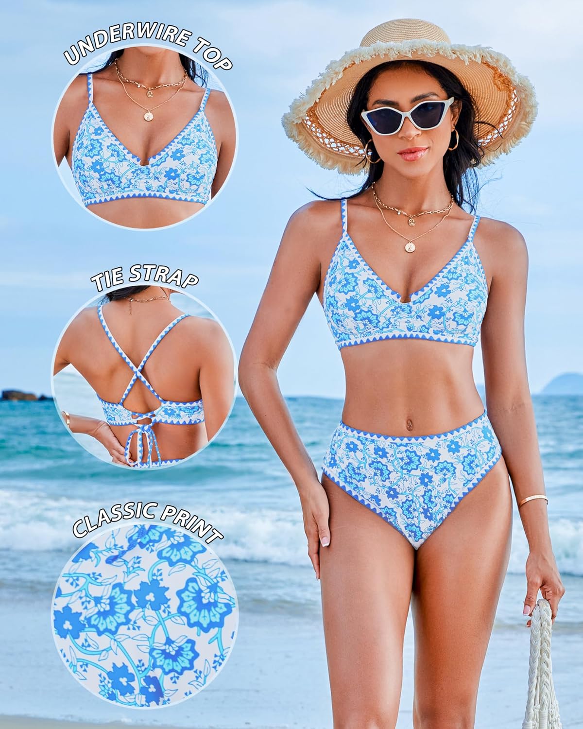 DaiLiWei High Waisted Bikini Sets Womens Bathing Suits Tummy Control 2 Piece Swimsuit Full Coverage Floral Swim Suits