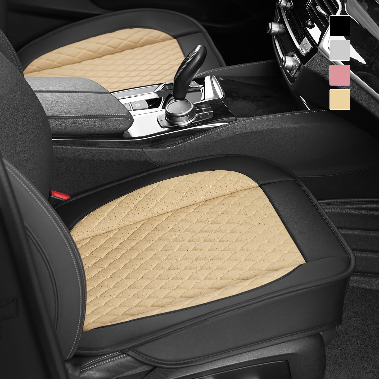 2 Pack Premium Faux Leather Car Seat Cover, Breathable Bottom Seat Covers for Cars Trucks SUV, Carseat Protector Front Only, Anti-Slip, Storage Bag, Universal, 2 PCS Beige Black