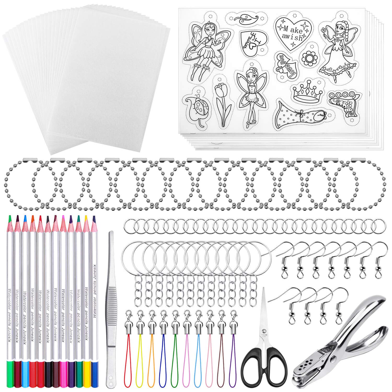shynek205 Pieces Shrinky Dink Keychain Kit, Include 20 Pcs Shrinky Dink Paper Sheets and 185 PCS Keychains Accessories for Creative Art Craft