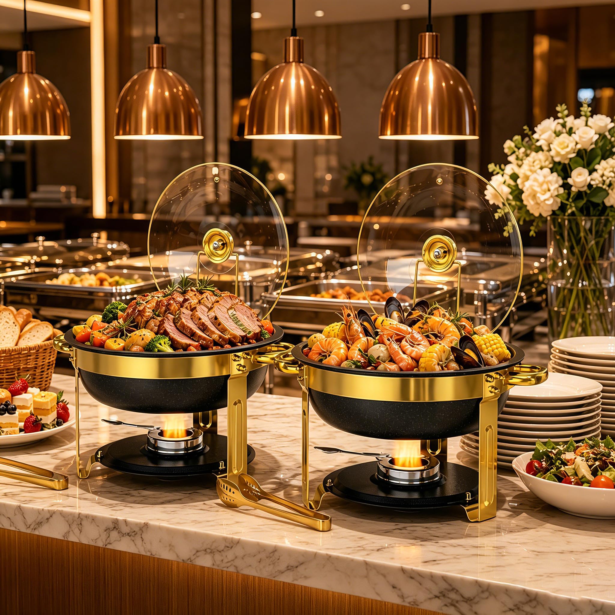 Juego de 2 recipientes para buffet de platos negros con revestimiento de maifanita, redondos, con tapa transparente, acero inoxidable dorado, para fiestas y eventos de catering