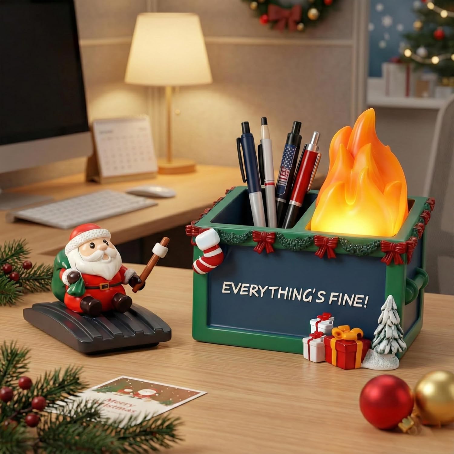 Dumpster Fire Pencil Holder with Flame Light Funny Office Desk Accessories Funny Gift for Coworkers Motivational Gifts for Women