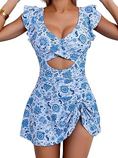 One Piece Swimdress Swimsuit for Women Tummy Control Ruffle Swim Dress Skirt V Neck Cutout Wrap Bathing Suit - Buy now