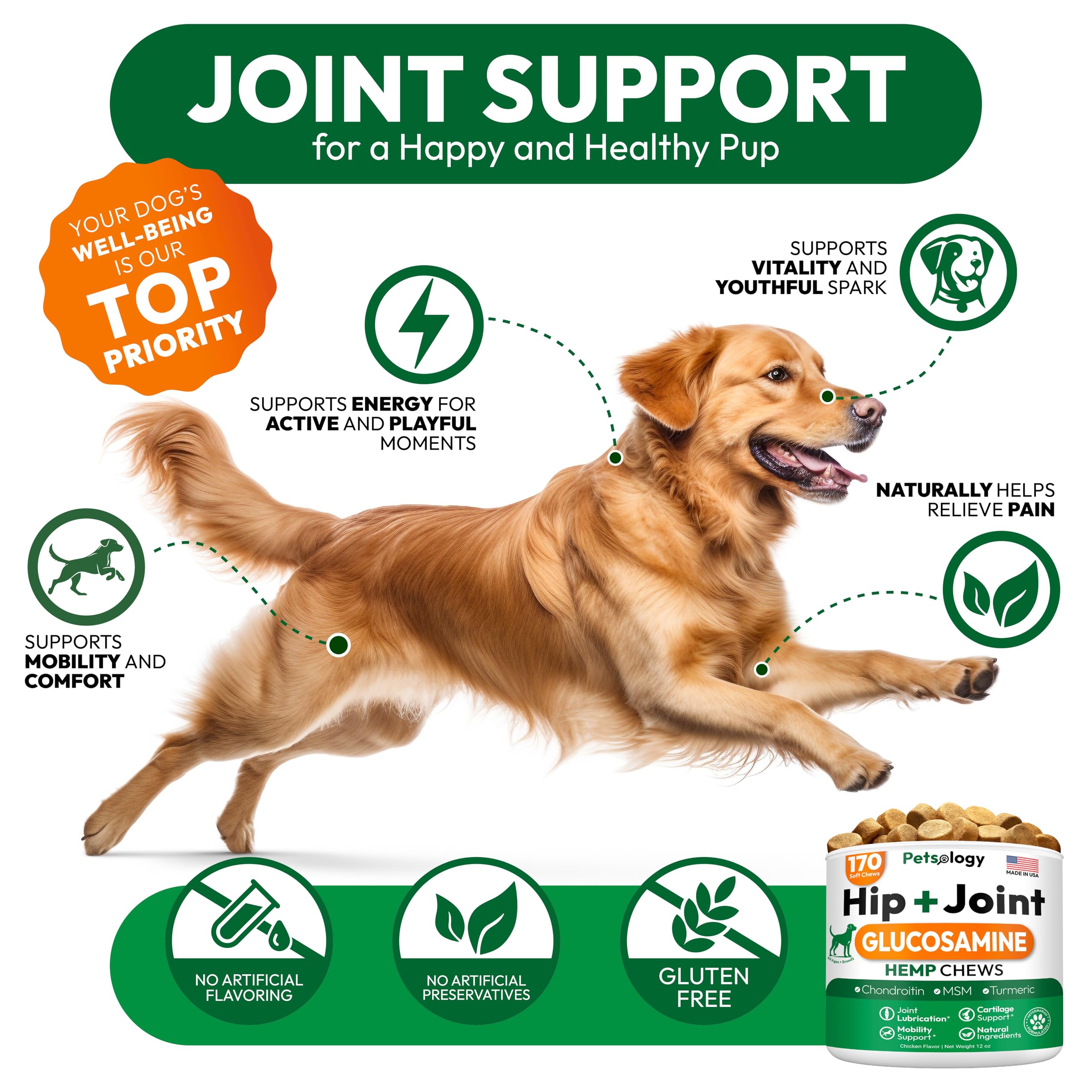 Hemp Hip and Joint Supplement for Dogs - Glucosamine for Dogs - 170 Mobility Support Chews - Advanced Joint Pain Relief Treats with Chondroitin, MSM, Turmeric - Large & Small Breeds - Made in USA - image 4