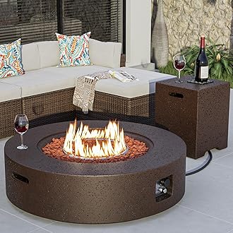 COSIEST 42 inch Outdoor Propane Fire Pit Coffee Table w Concrete Round Base Patio Heater, Certified, 50,000 BTU Stainless Steel Burner, Free Lava Rocks, Rain Cover, Tank Cover