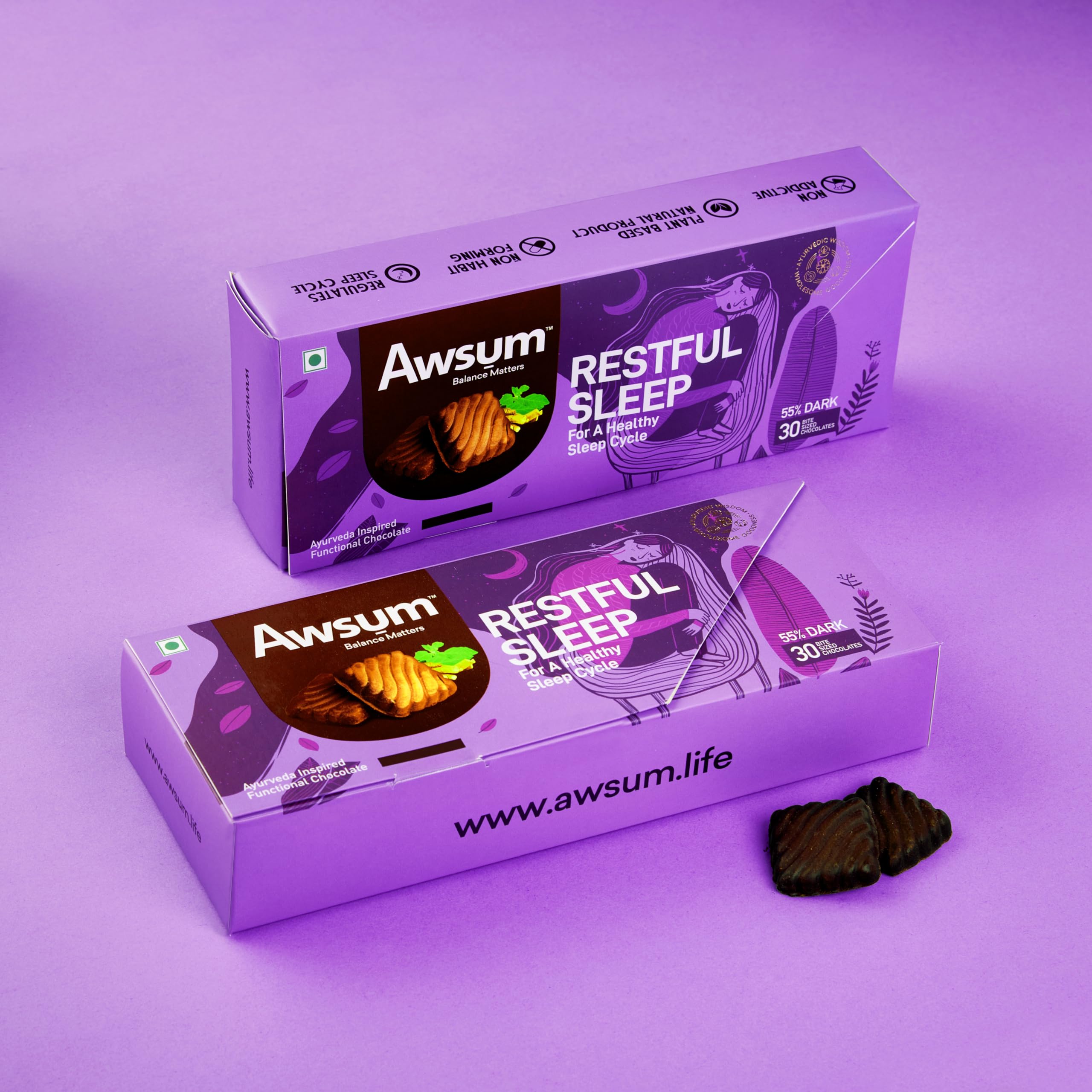 Awsum Restful Sleep Functional Ayurveda Chocolate for Men & Women for Sleeping Aid Problem | for A Healthy Sleep Cycle | Peaceful Sleep | Improve Sleep Quality | 150g (30 Bite Sized Chocolate)