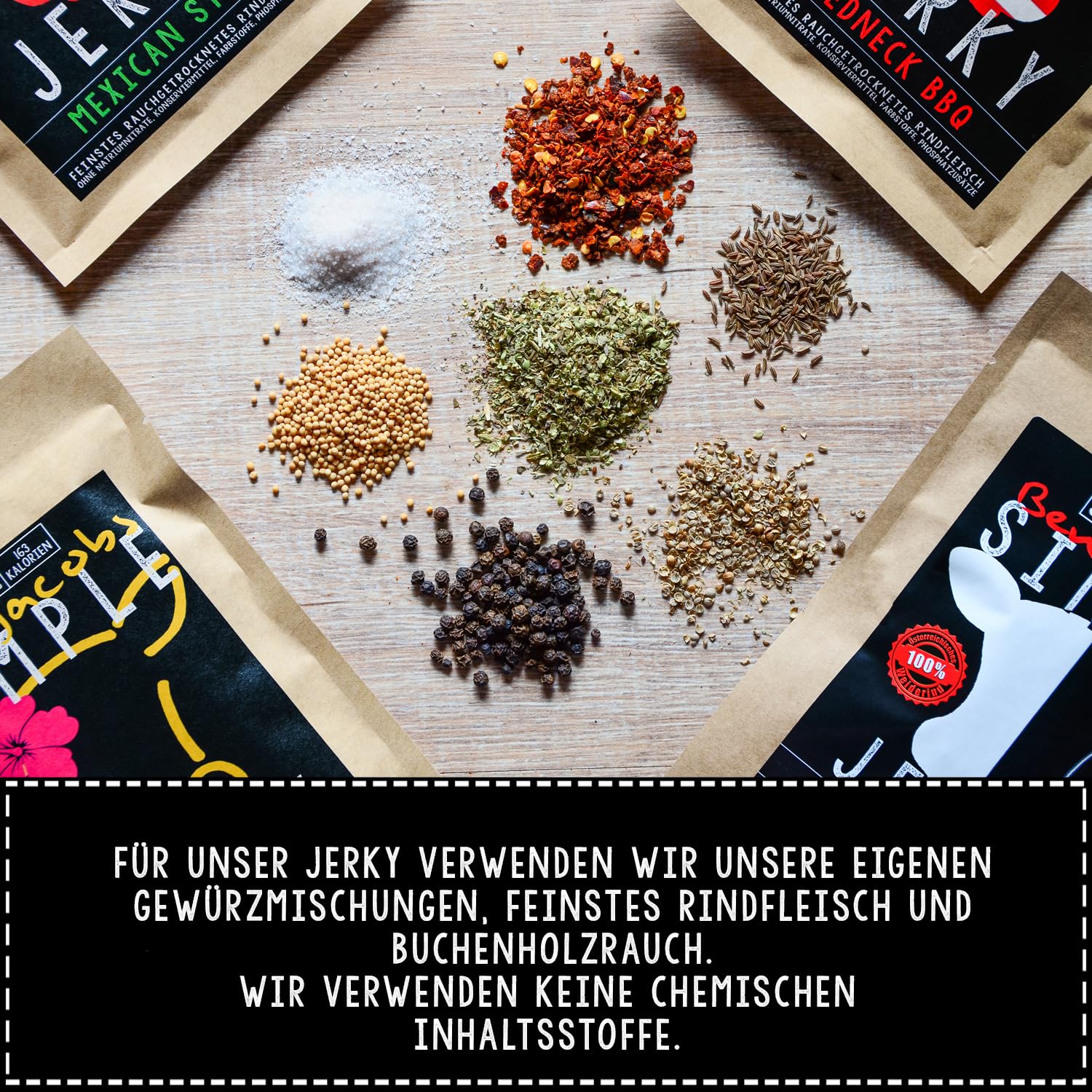 Beef Jerky Probierbox, 5 x 50g, handgemacht, Österreichs Beef Jerky Nr. 1, Premium Trockenfleisch ohne chemische Zusätze (Mixed Flavors)