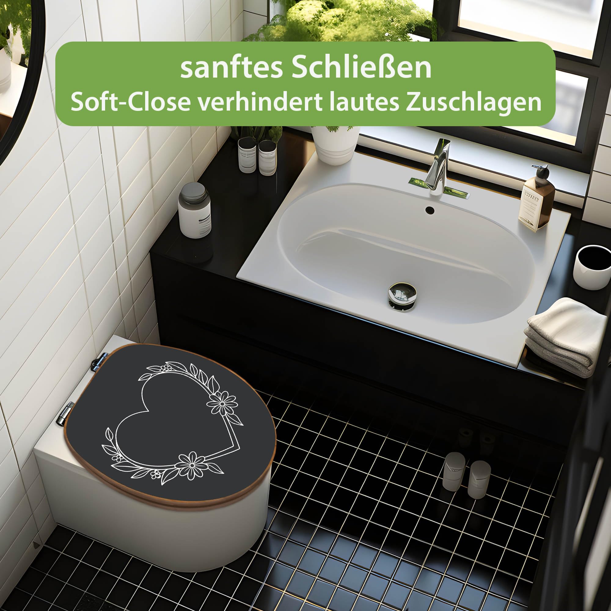 banjado Design WC Sitz Bambus Absenkautomatik 45,8x37,5cm - Toilettendeckel mit Absenkautomatik Holz - hochwertiger Bambus Klodeckel - WC-Sitz für gängigen Toiletten - Motiv Florales Herzdesign