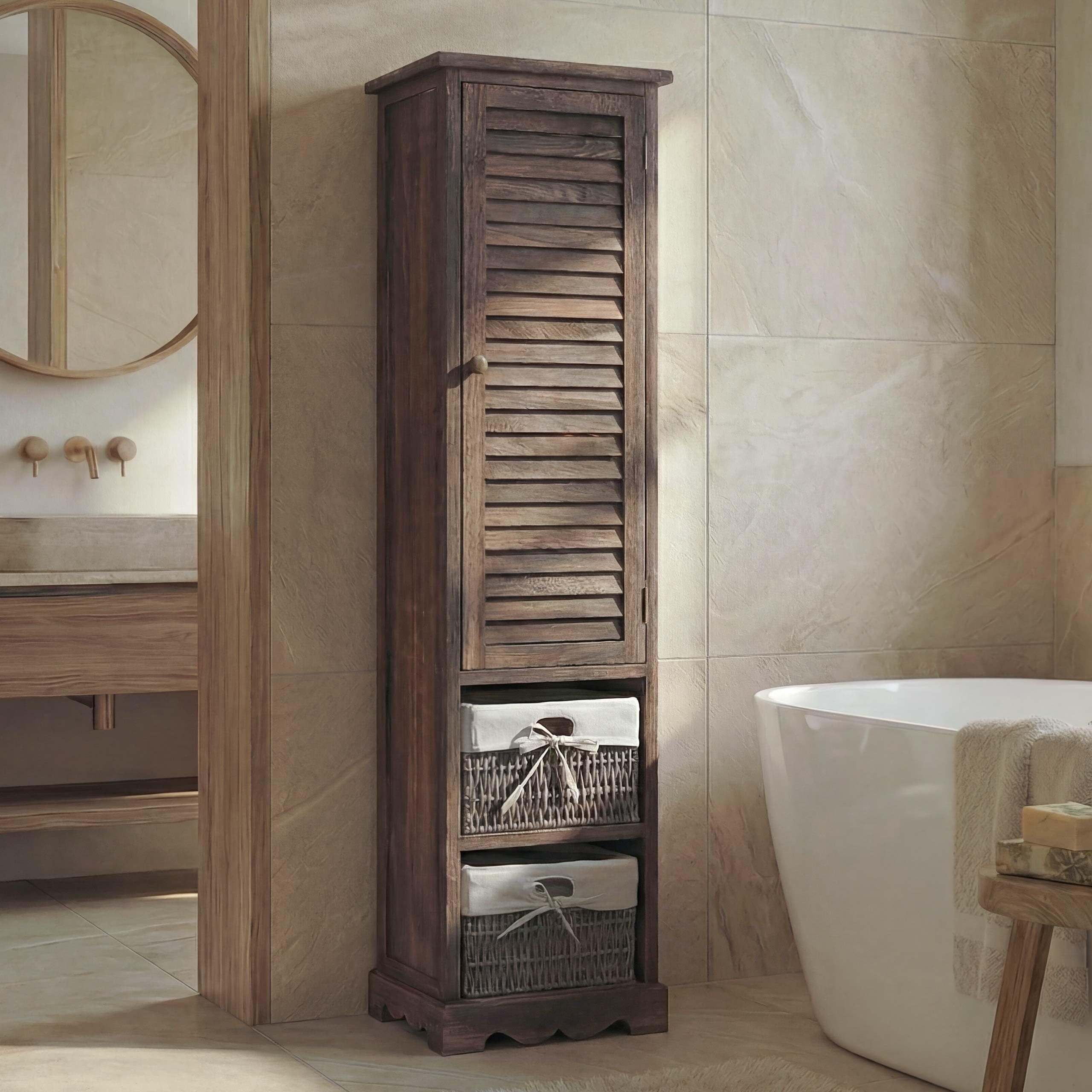 Mendler Cassettiera arredo Bagno HWC-H20 Vintage sportello e ceste Removibili Legno di paulonia Marrone