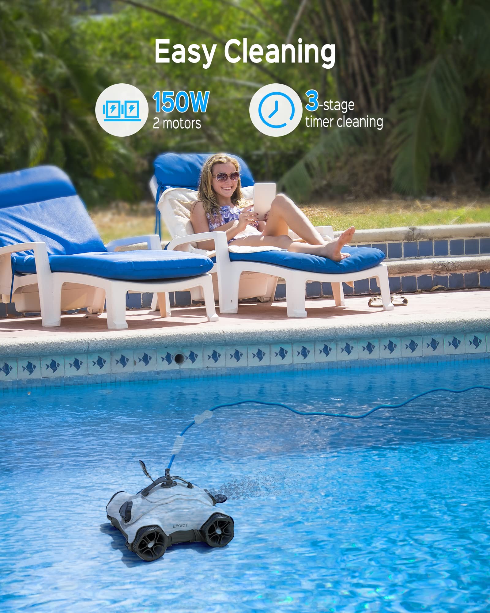 WYBOT Robot da piscina con 150 W, potente aspiratore per piscina con forte aspirazione e cicli di pulizia regolabili 1/2/3H
