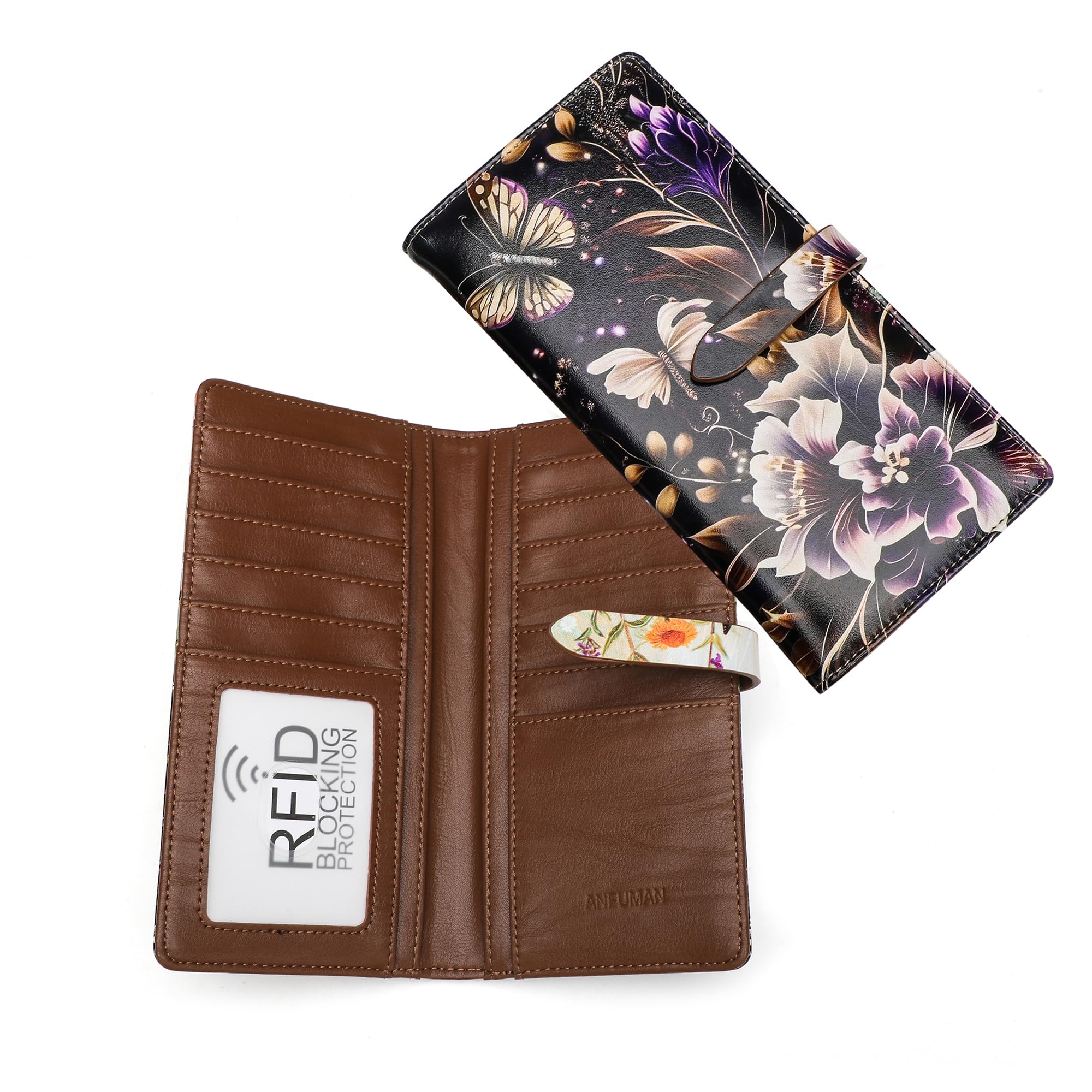 ANFUMAN Slim Wallets for Women Credit Card Holder RFID Bifold Clutch Long Ladies Billfold Wallets with Zipper Coin Pocket ID Window Black Butterfly