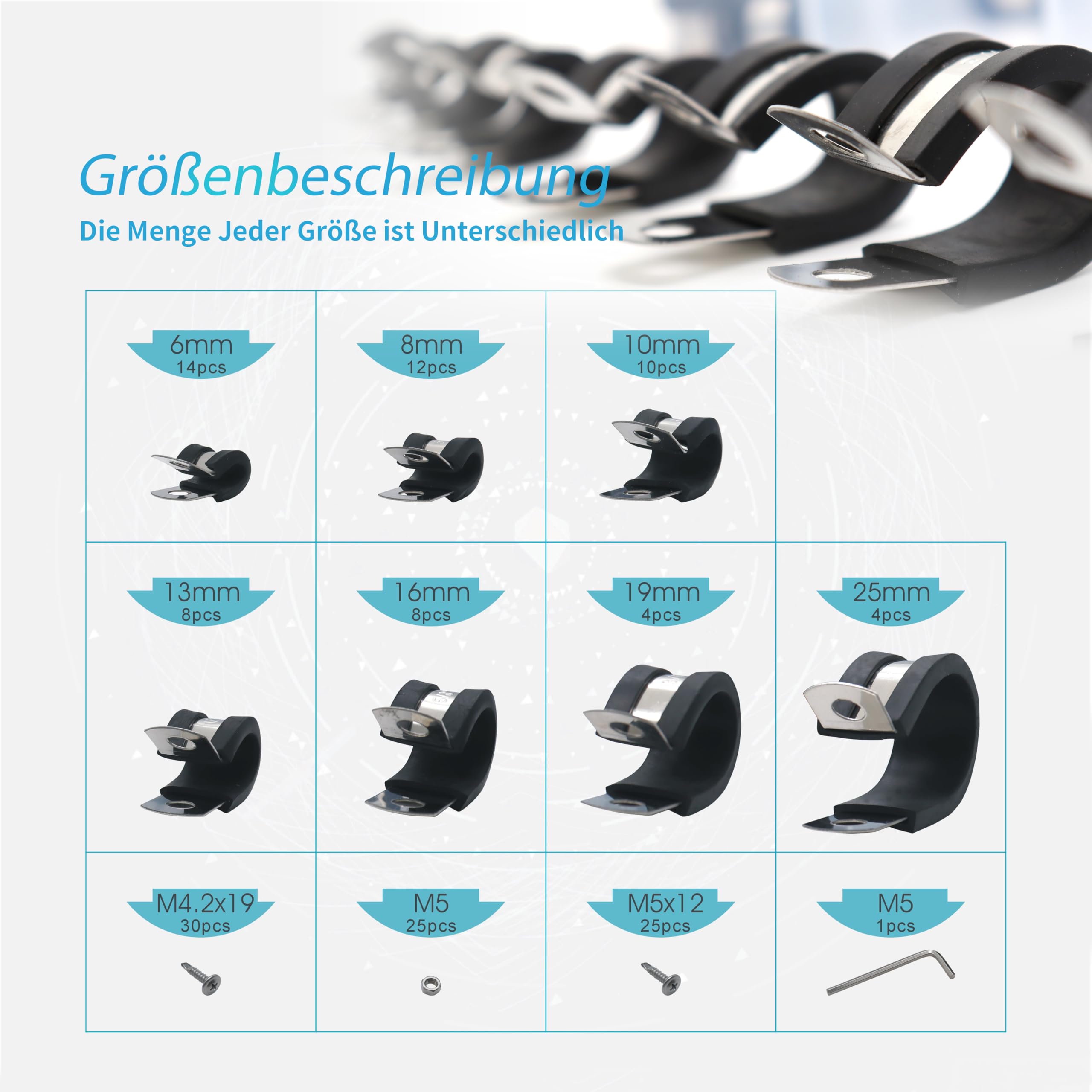 Lot de 141 Colliers de Serrage en Caoutchouc P en Acier Inoxydable 304 avec Insert en Caoutchouc, 7 Tailles (6 mm/8 mm/10 mm/13 mm/16 mm/19 mm/25 mm)
