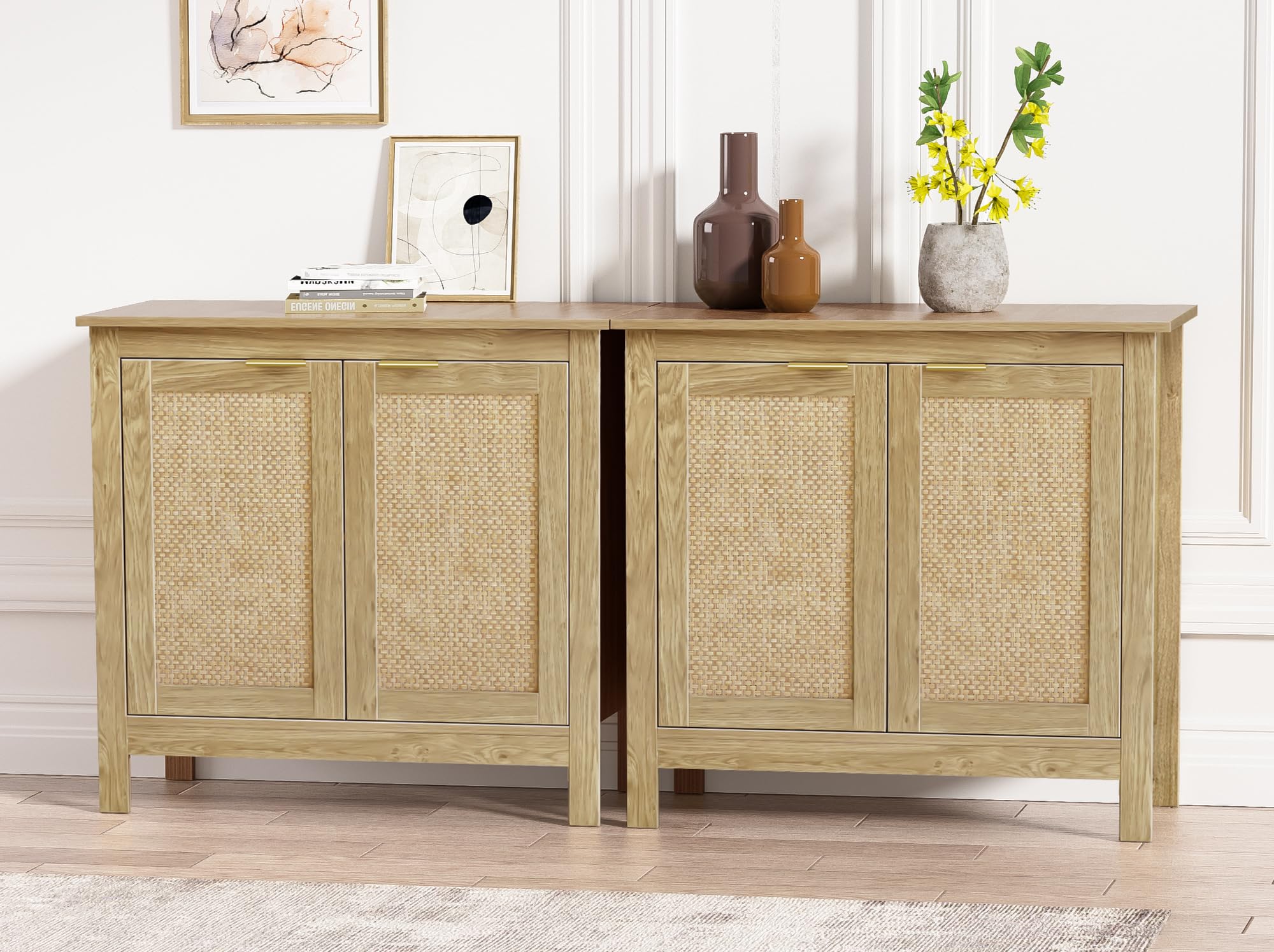 Aparador de Ratán, Armario de Cocina, Armario de Almacenamiento con Estante Ajustable, Rústico, Antivuelco, Mueble Auxiliar de Cocina para Comedor, Pasillo