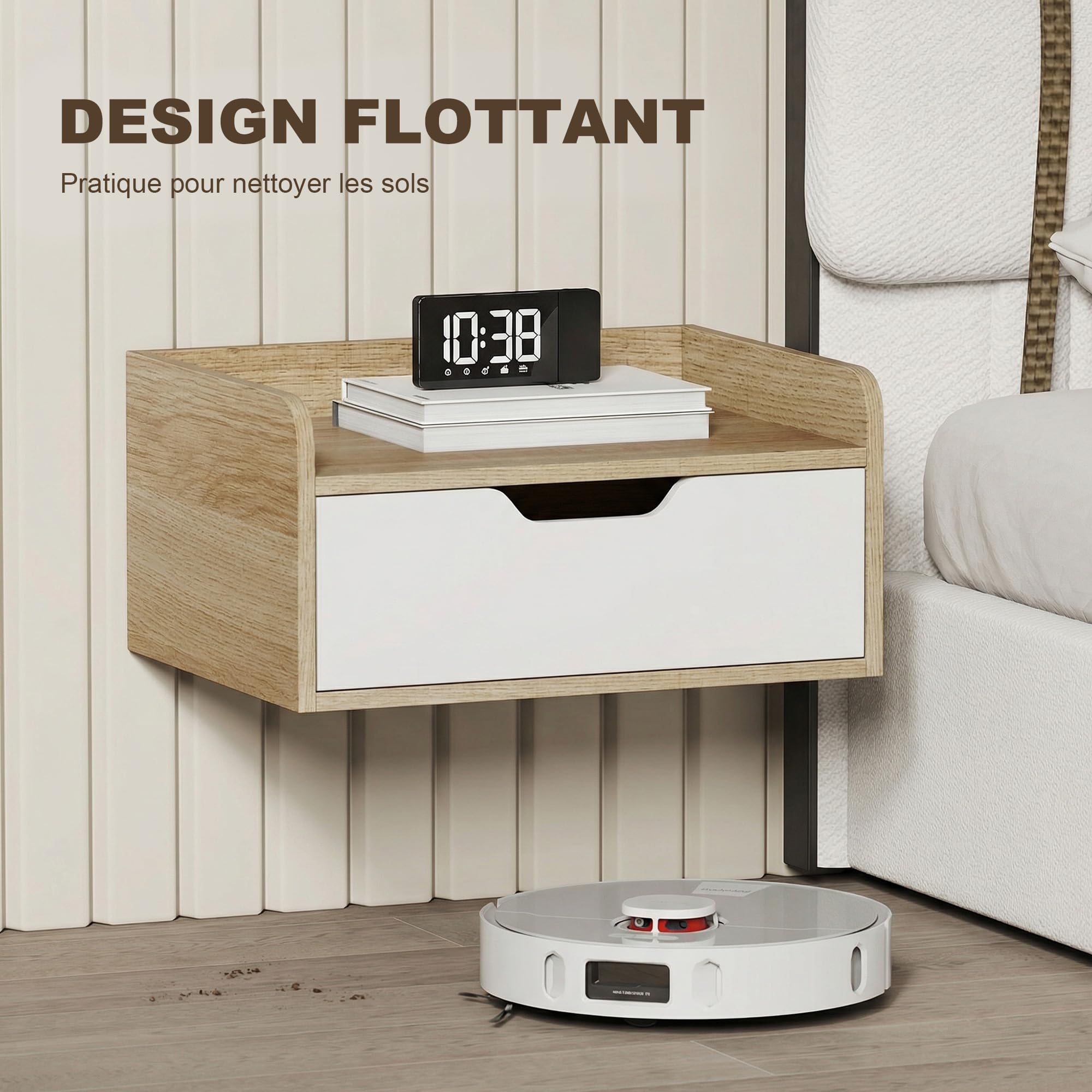 HOMCOM Lot de 2 Tables de Chevet murales, Tables de Nuit suspendues avec tiroir et Plateau à rebords surélevés, Style Moderne, pour Chambre à Coucher, Salon, 40 x 30 x 19,5 cm, Blanc et Bois Naturel