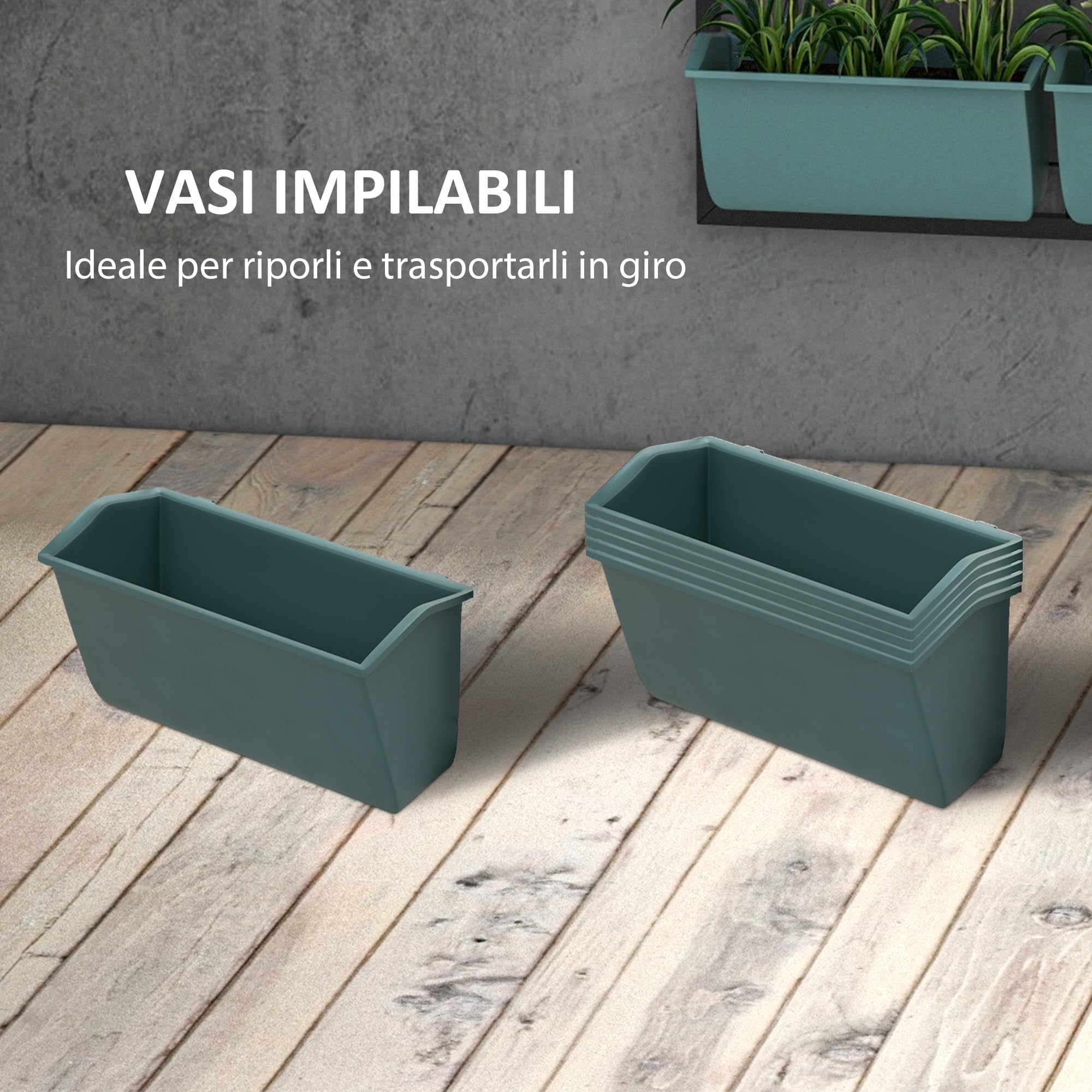 Outsunny Porta Piante da Esterno Verticale a 3 Livelli, 6 Vasi per Piante da Esterno in Plastica con Fori di Drenaggio, Portavasi da Appendere per Fiori ed Erbe Aromatiche, 52x14x66 cm, Verde Scuro