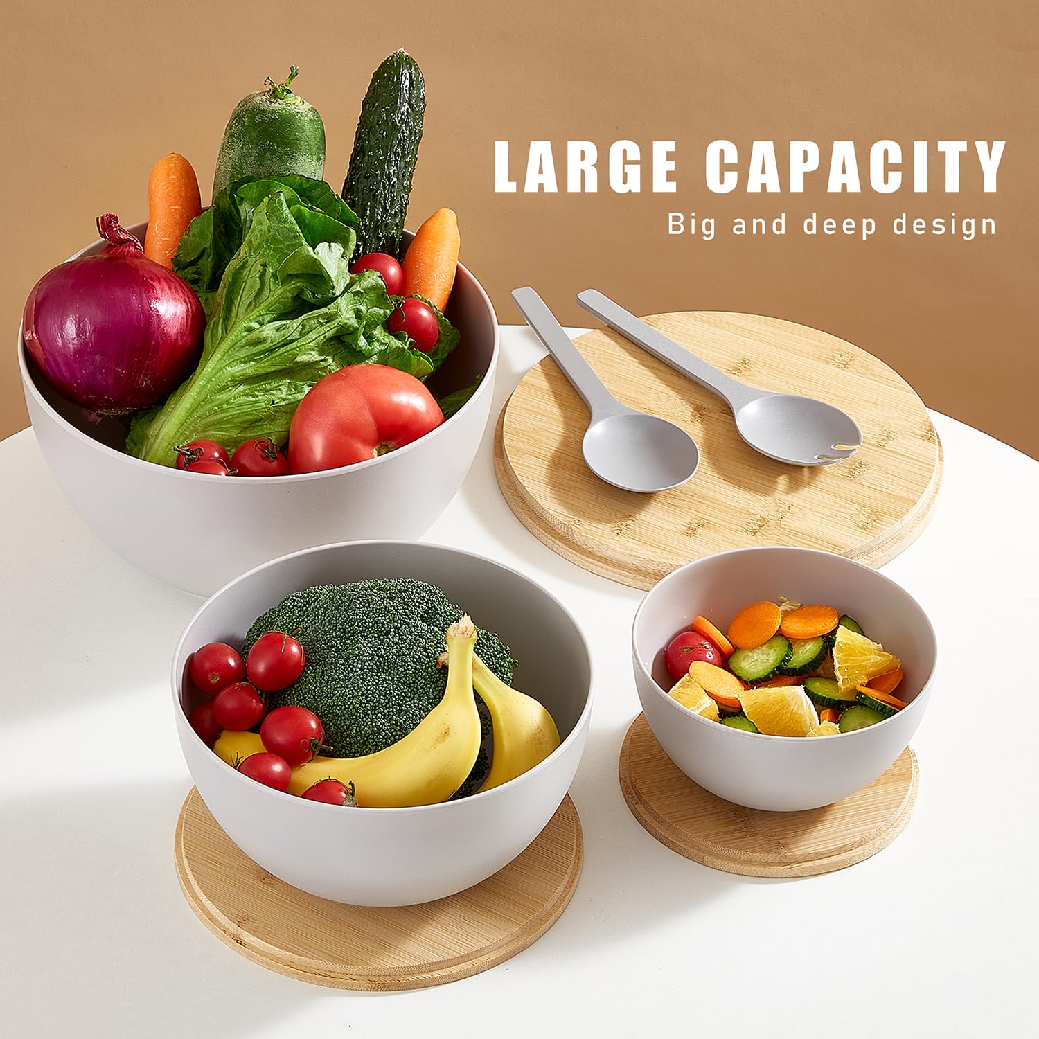 ECOWAY Juego de 3 cuencos de ensalada con tapa y utensilios para servir, juego de cuencos grandes de fibra de bambú para servir y juego de almacenamiento con tapa de bambú para ensalada, cocina,