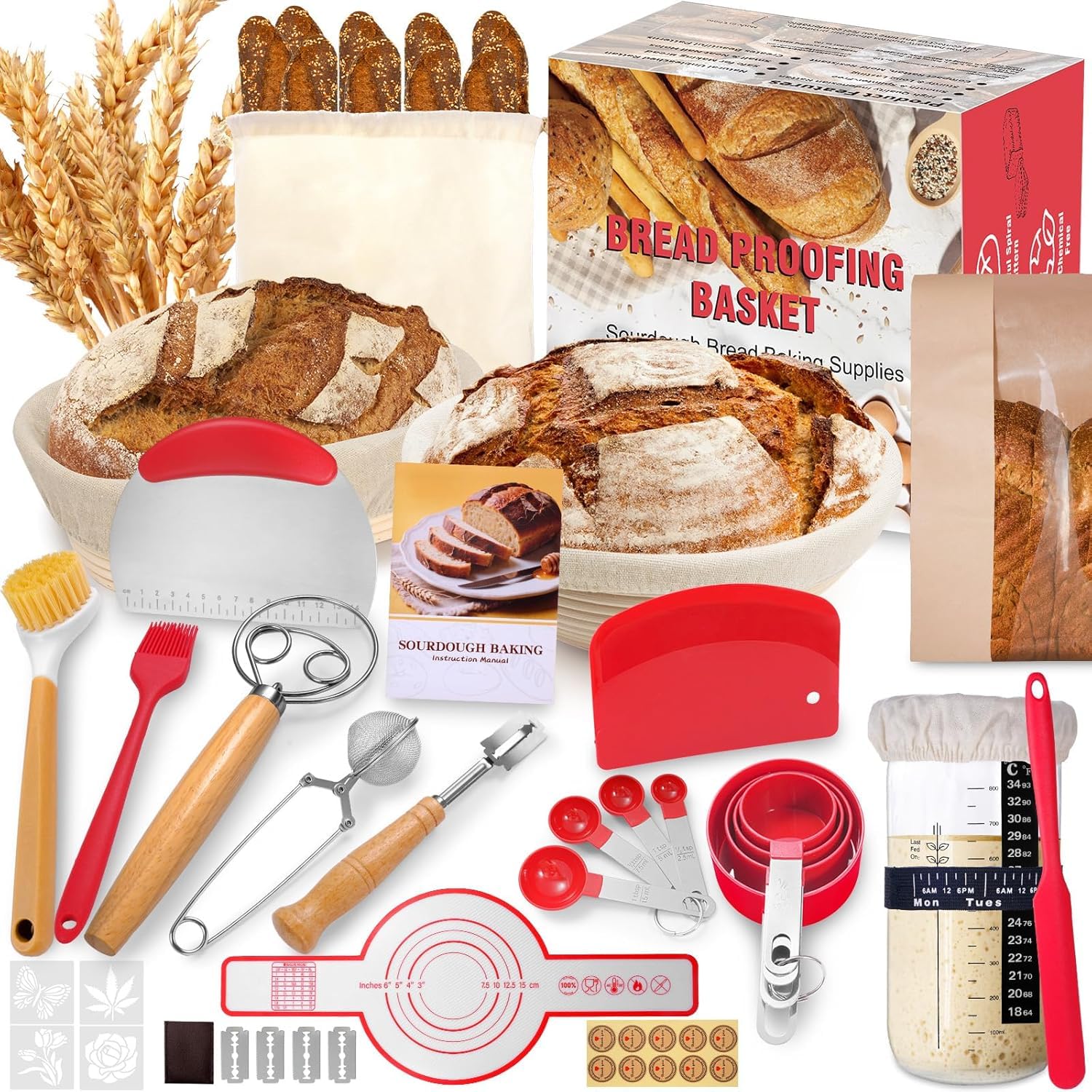 Sauerteig Starter Set, Gärkorb Brot Set mit 2 Gärkörbchen (23cm Runde & 25cm Ovale), Rattan, 1000ml Glasgefäß zur Sauerteiggärung, inkl. Teigschaber, Leineneinsatz, Brotschaber & mehr