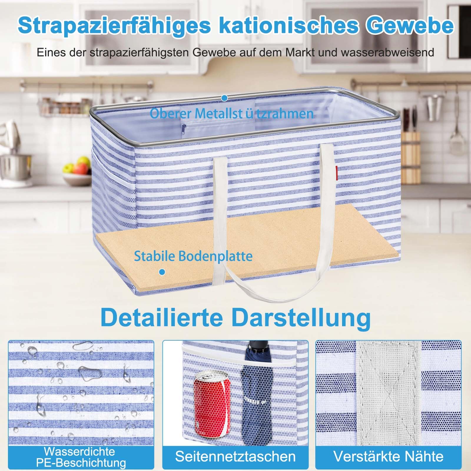 Panier à provisions pliable avec cadre en fil métallique et fond renforcé - Grand panier de transport avec poignée - Idéal pour le shopping, les pique-niques, la plage, le camping (bleu)