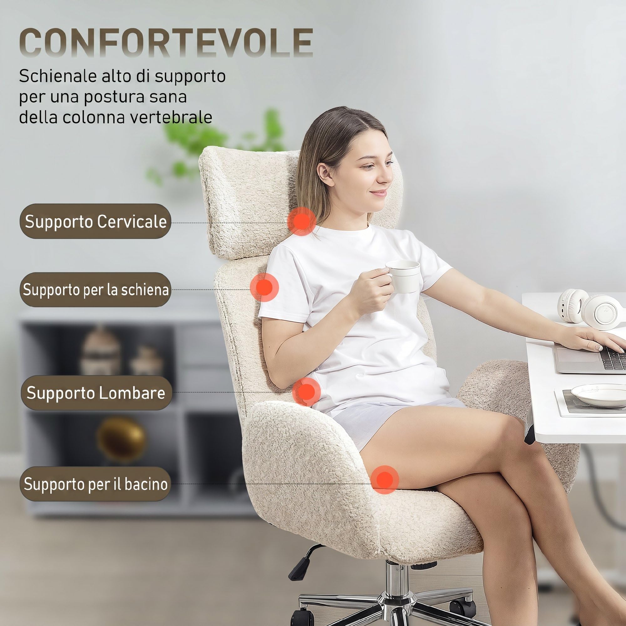 HOMCOM Sedia Scrivania Girevole in Tessuto Bouclé Grigio Chiaro-Bianco