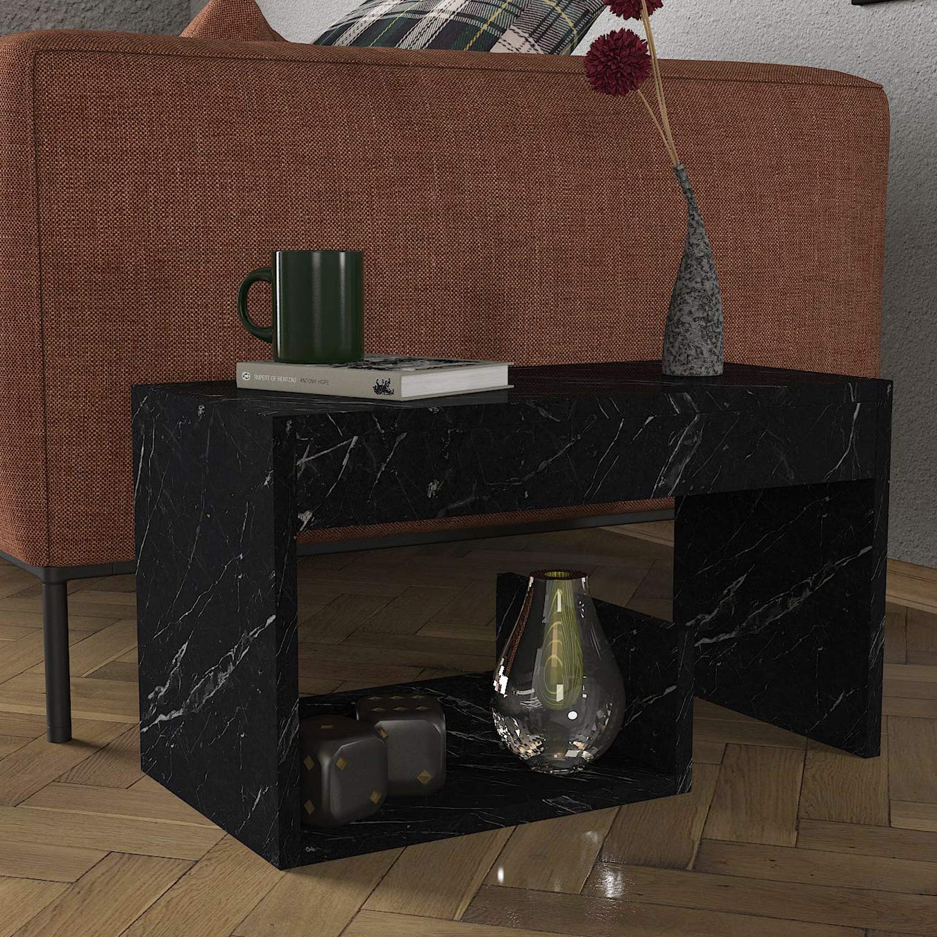 moebel17 4944 Sister Beistelltisch Couchtisch in Marmoroptik, Sofatisch Kaffeetisch, Bendir Grau Marmor Optik, 35 x 29,5 x 60 cm, mit Ablagen