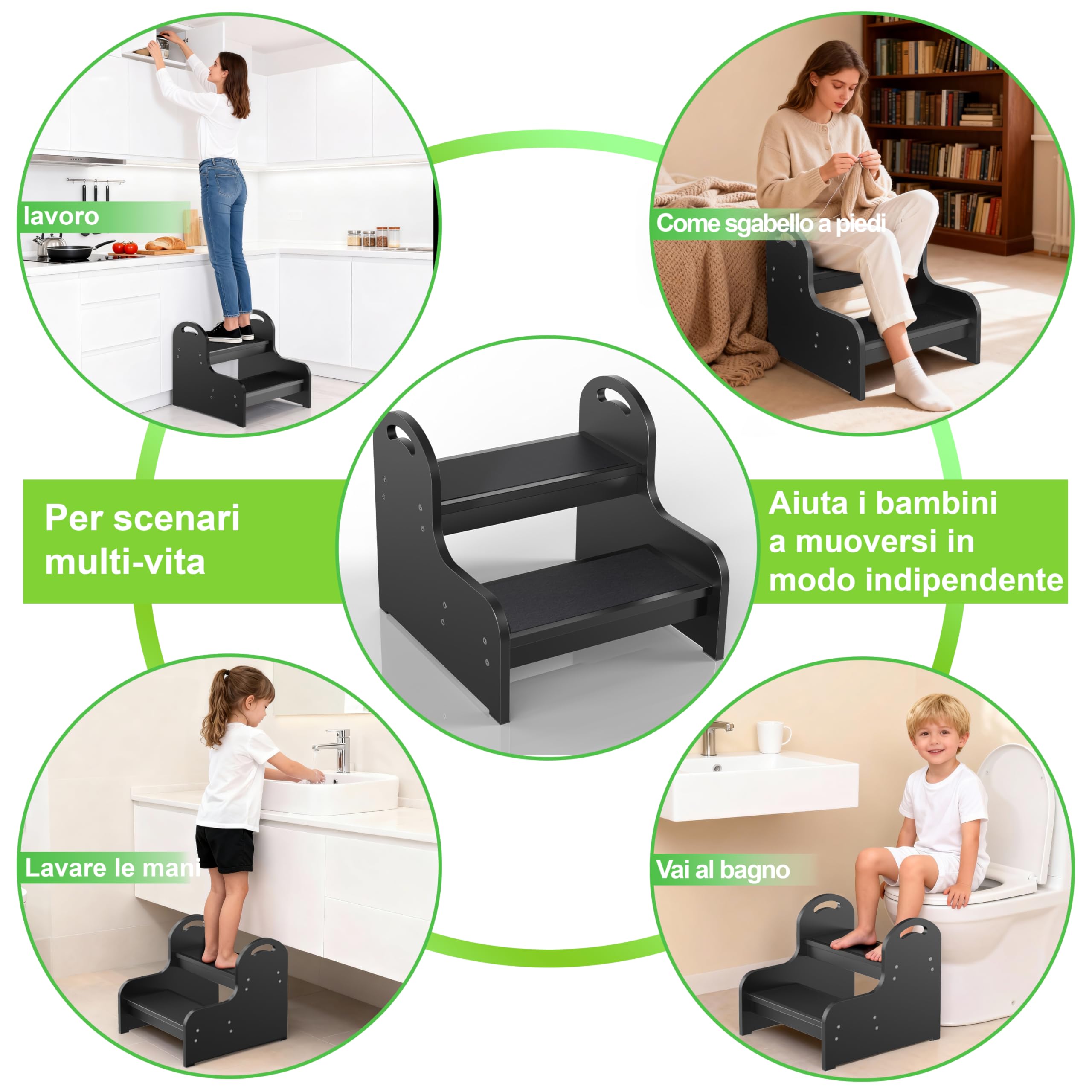 Sgabello in legno a 2 gradini per bambini con superficie antiscivolo, Heavy Duty 2-Step Scala, bambino passino sgabello per bagno lavandino/WC/cucina/letto (nero T)