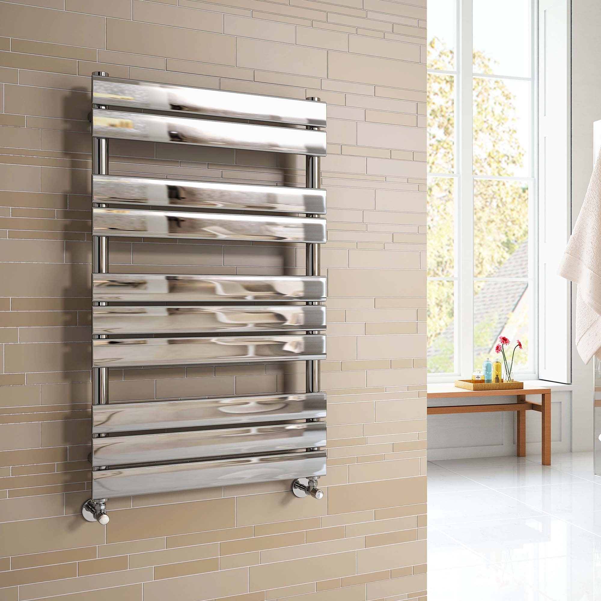 iBathUK Zerith Wall Mounted Flat Panel Heated Towel Rail, 10 Column Slim Flat Steel Hydronic Central Heating Towel Radiator with High Thermal Output, Chrome Designer Bathroom Towel Rail, 1000 × 600mm