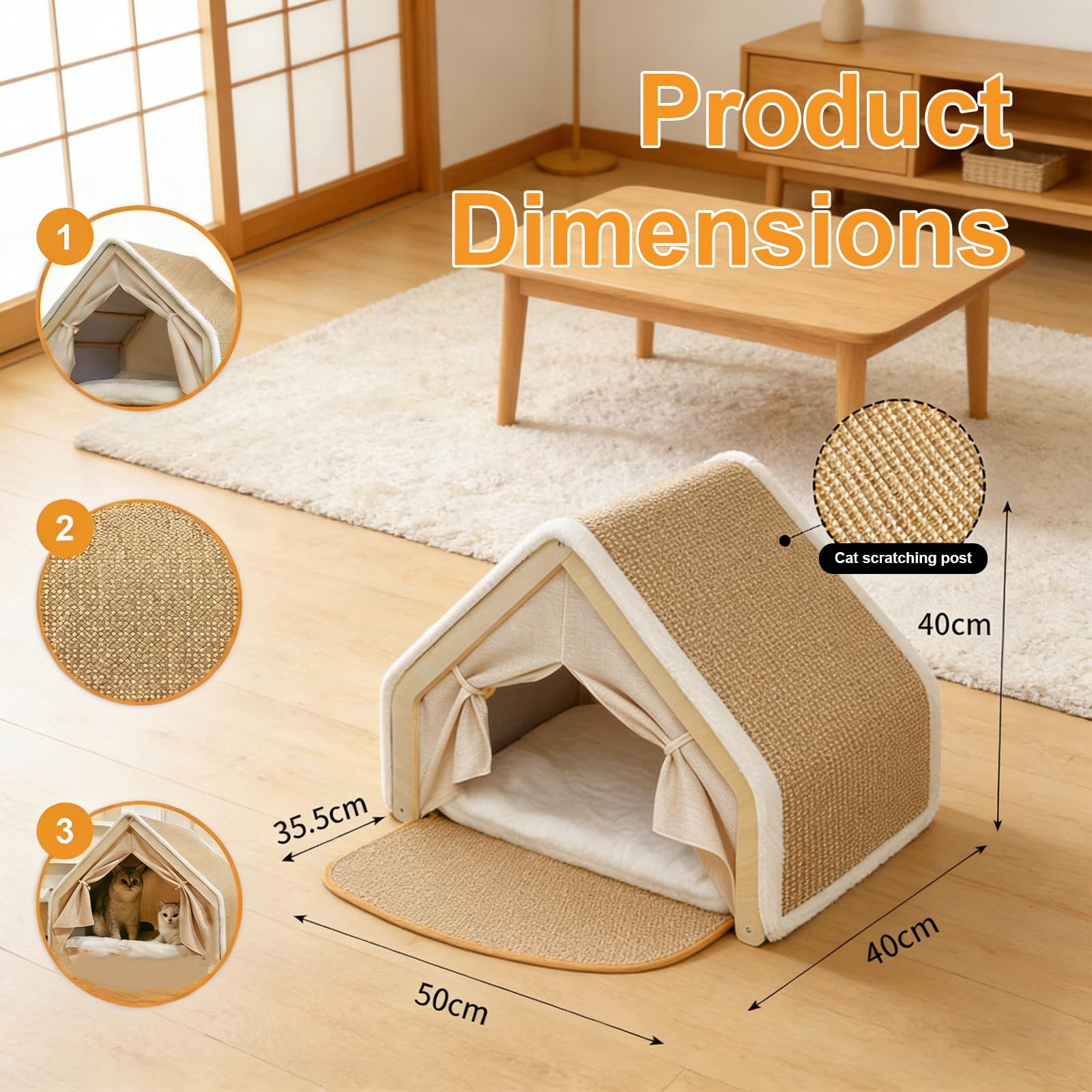 Cuccia Gatto Interno Chiuso, Casetta per Gatti in Legno con Sisal, Tenda Morbida per Gatti Timidi, 2 in 1 con Cuscino, 50x40x40cm